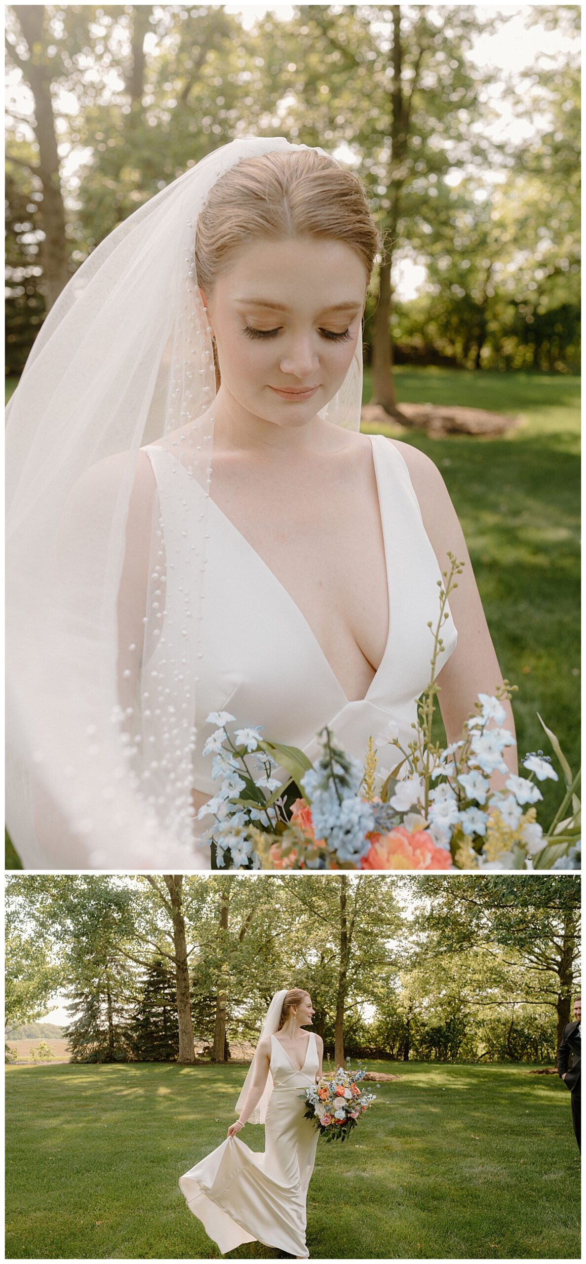 bride looks down at her bouquet by  Midwest wedding photographer