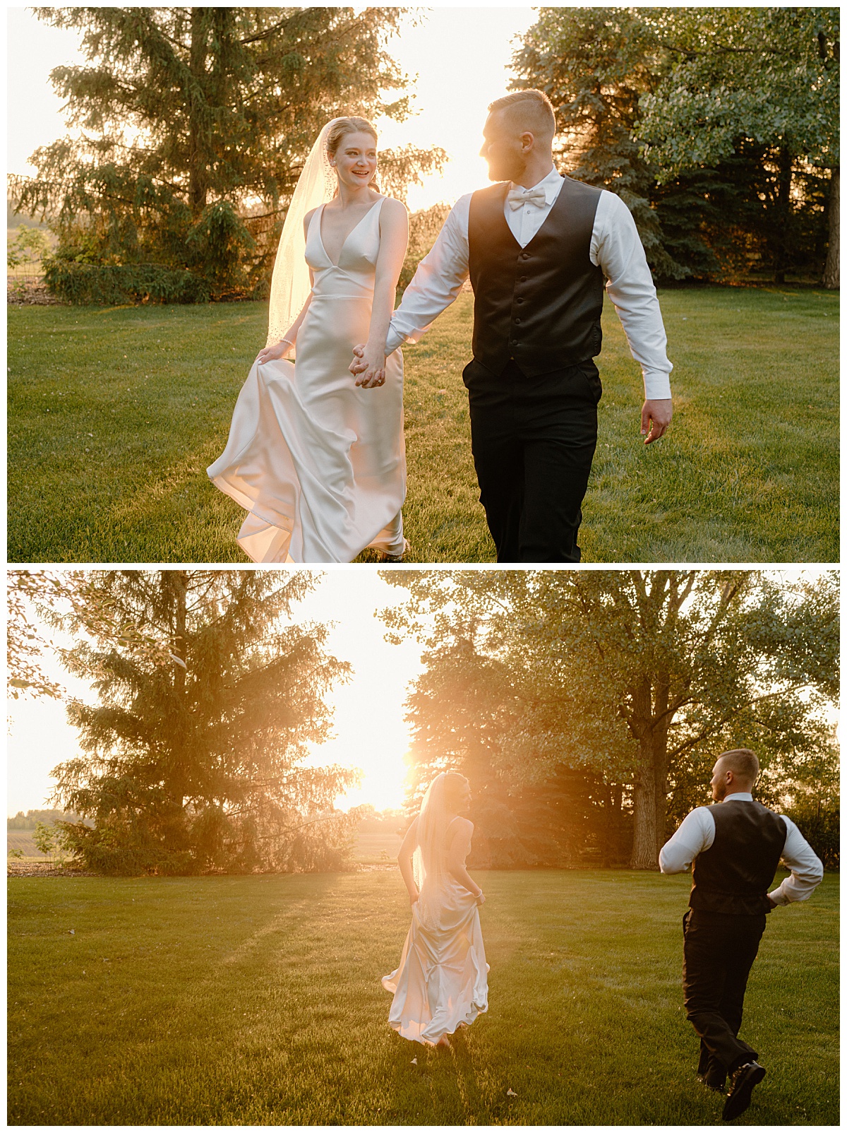 newlyweds hold hands as they run through grass during golden hour by Midwest wedding photographer