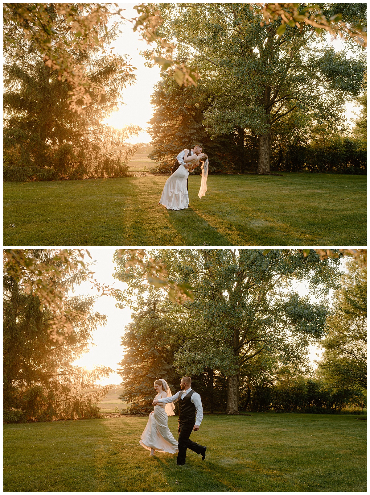 groom dips bride and kisses her as sun shines during golden hour by Indigo Lace Collective