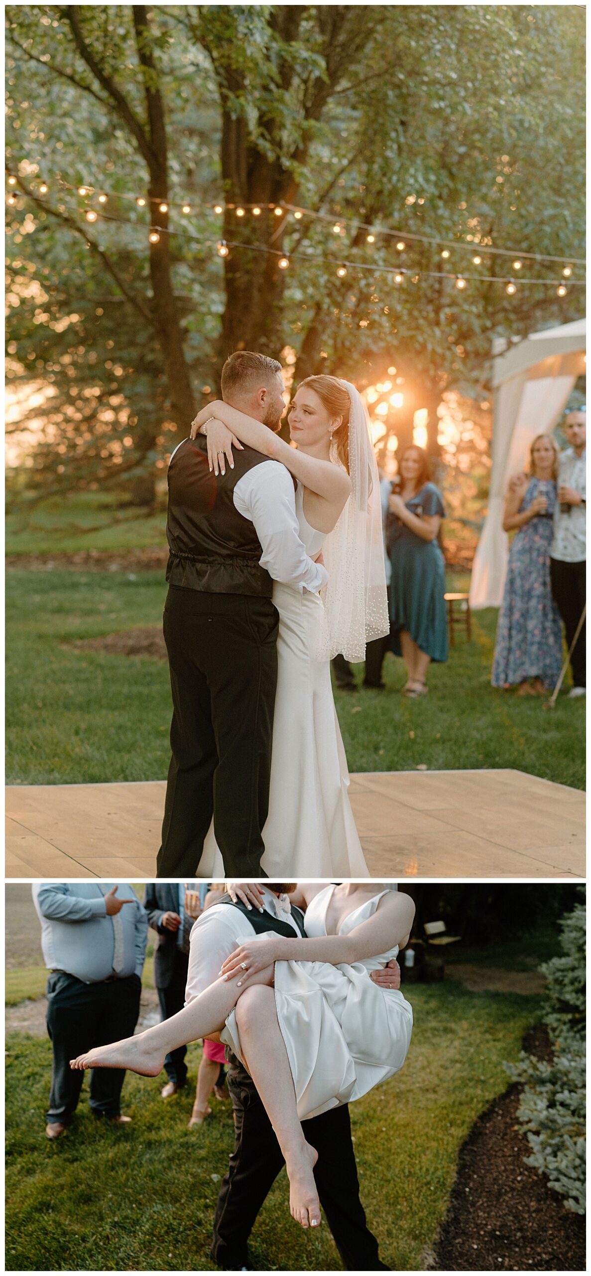 bride and groom share first dance as sun sets behind them at backyard summer celebration