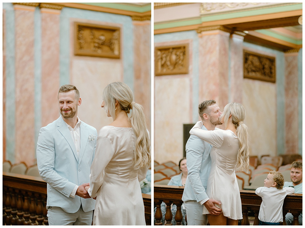 man and woman exchange vows and kiss by Midwest photographer