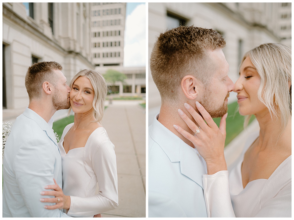 man and woman lean in to kiss by Midwest photographer