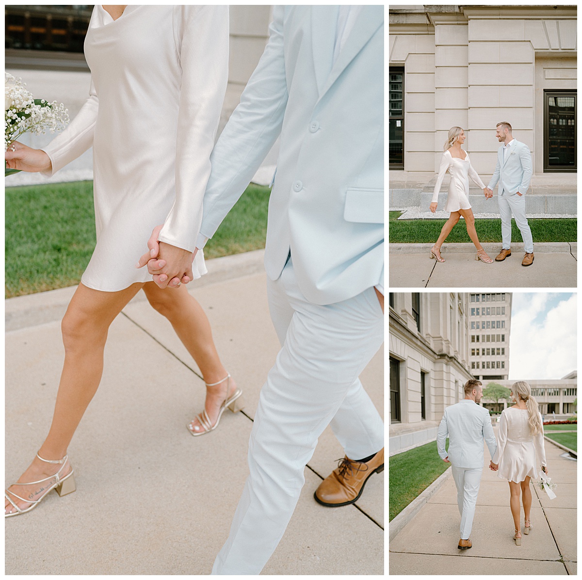 couple walks together outside the building of their Downtown Fort Wayne Courthouse Elopement