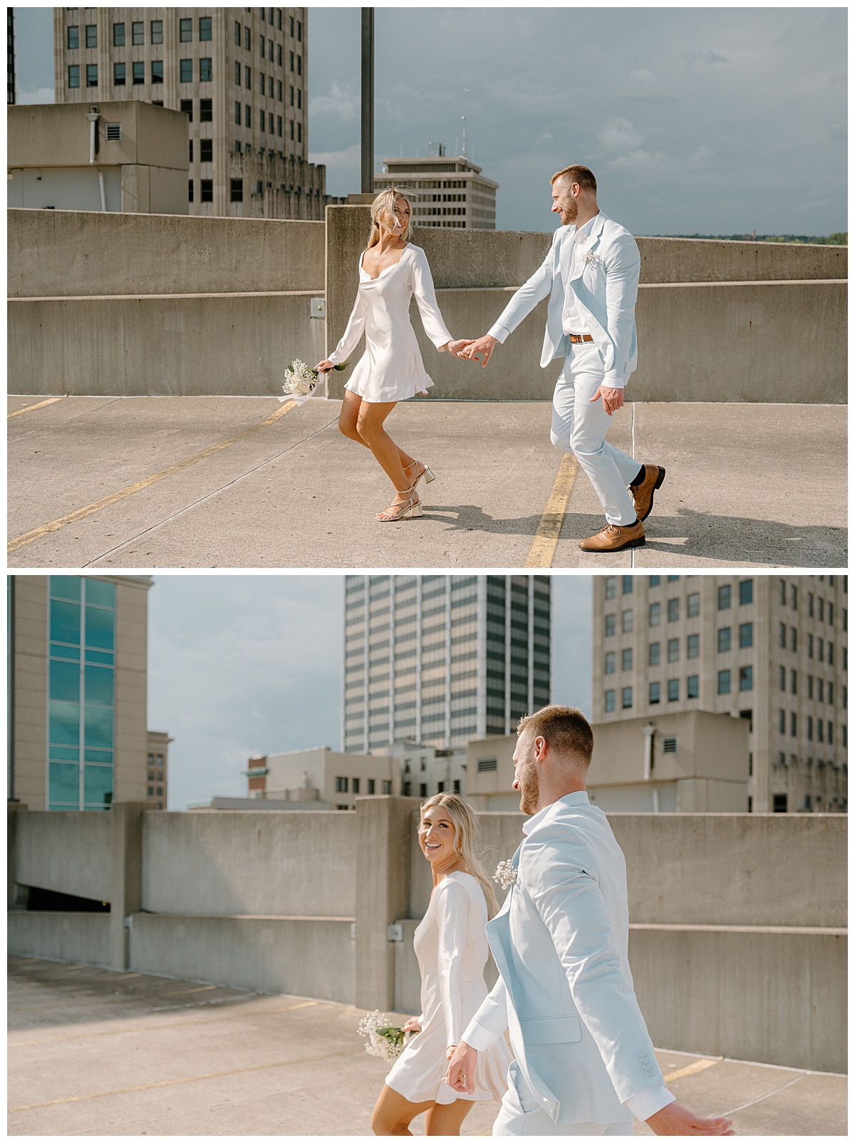 couple runs together in parking structure of their Downtown Fort Wayne Courthouse Elopement