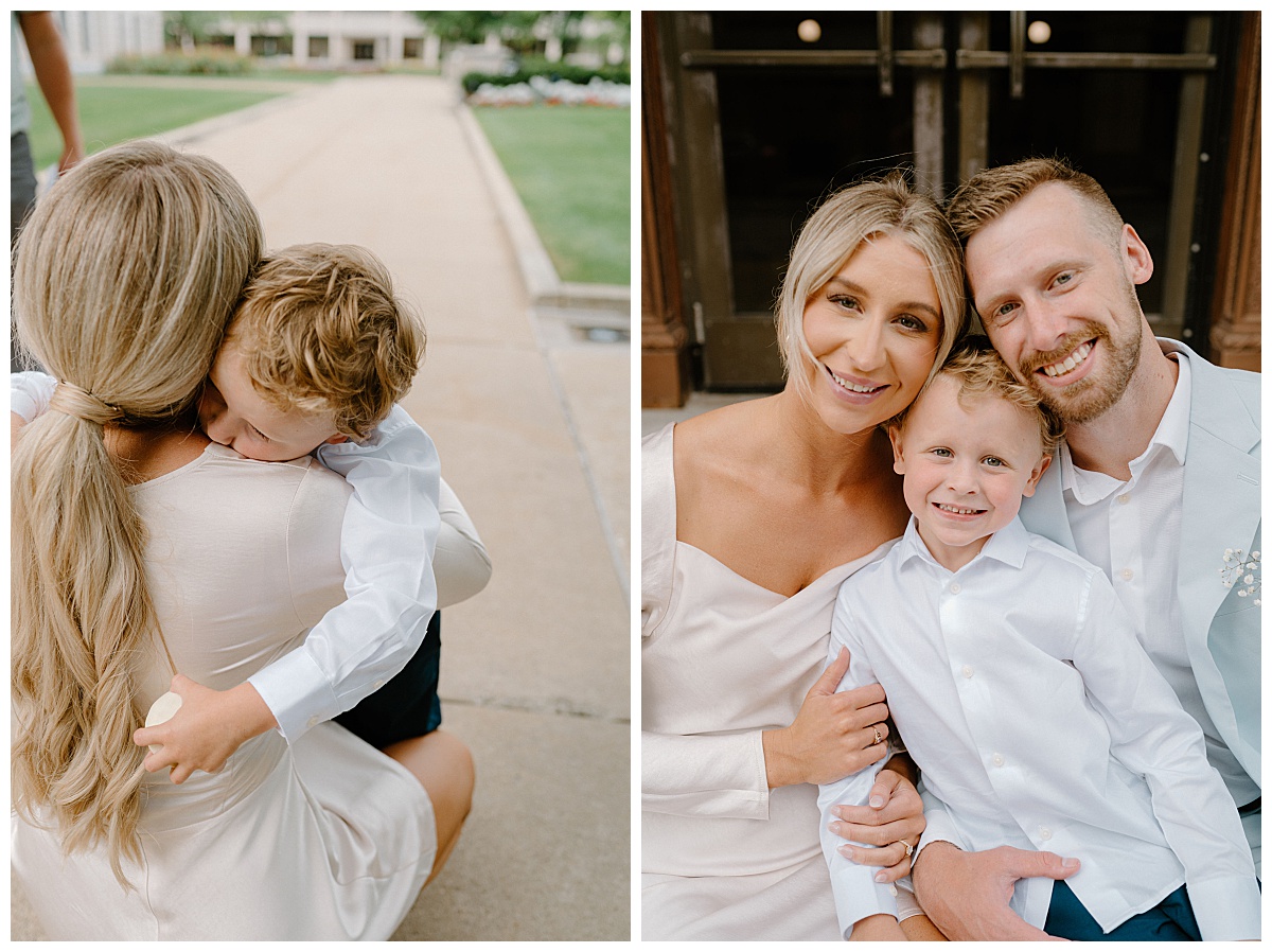 little boy hugs his mom who was the bride by Midwest photographer