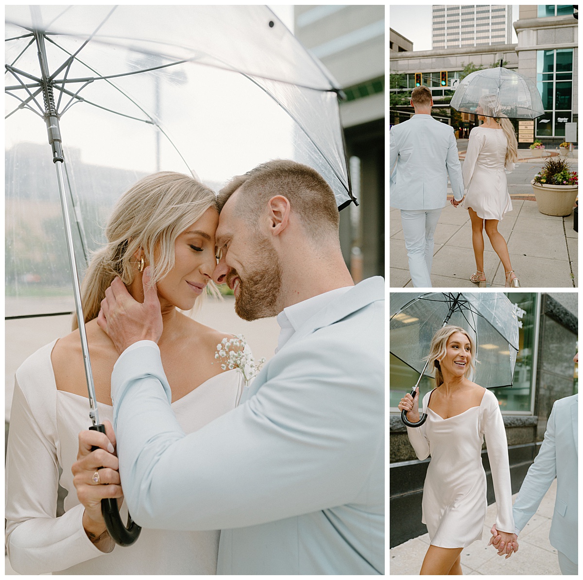 would leans foreheads together under an umbrella during their Downtown Fort Wayne Courthouse Elopement