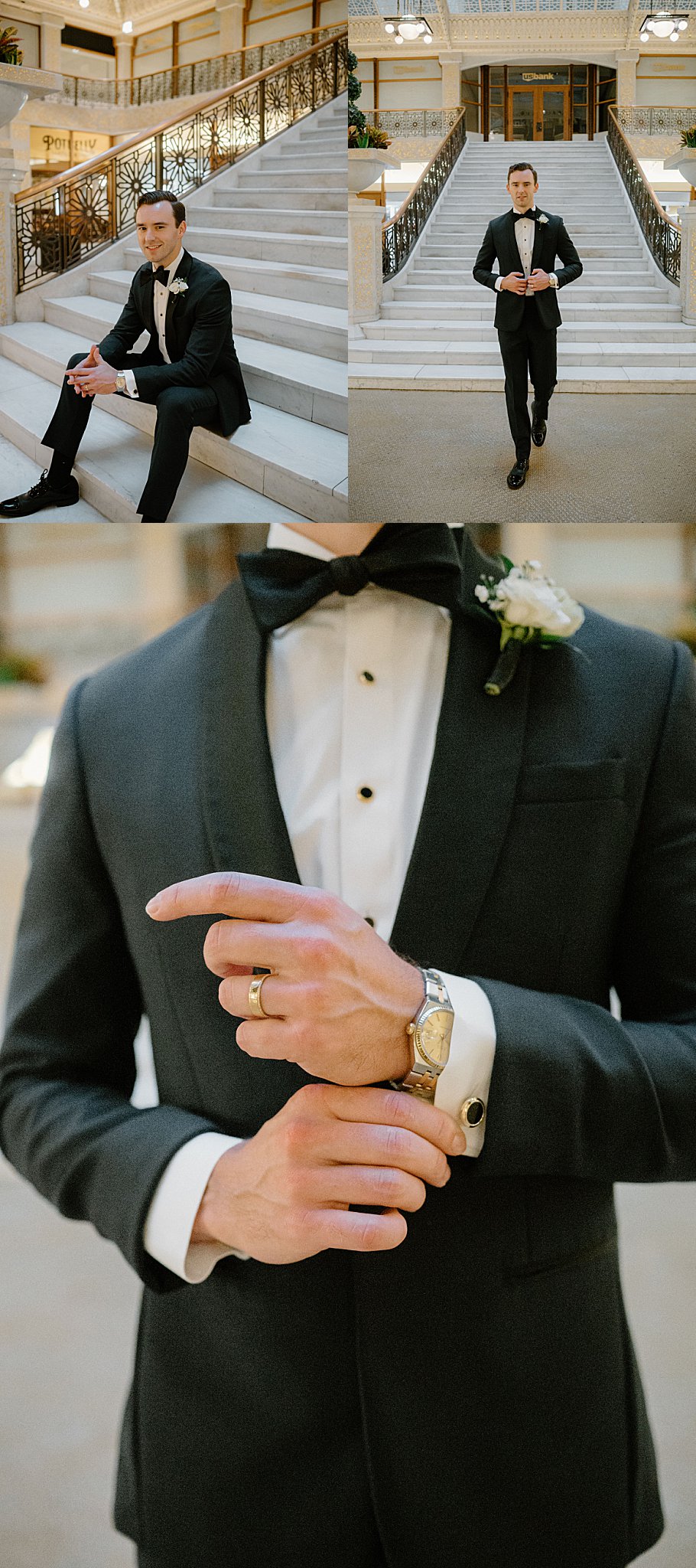 groom walks down stairs in tux to his Galleria Marchetti Reception