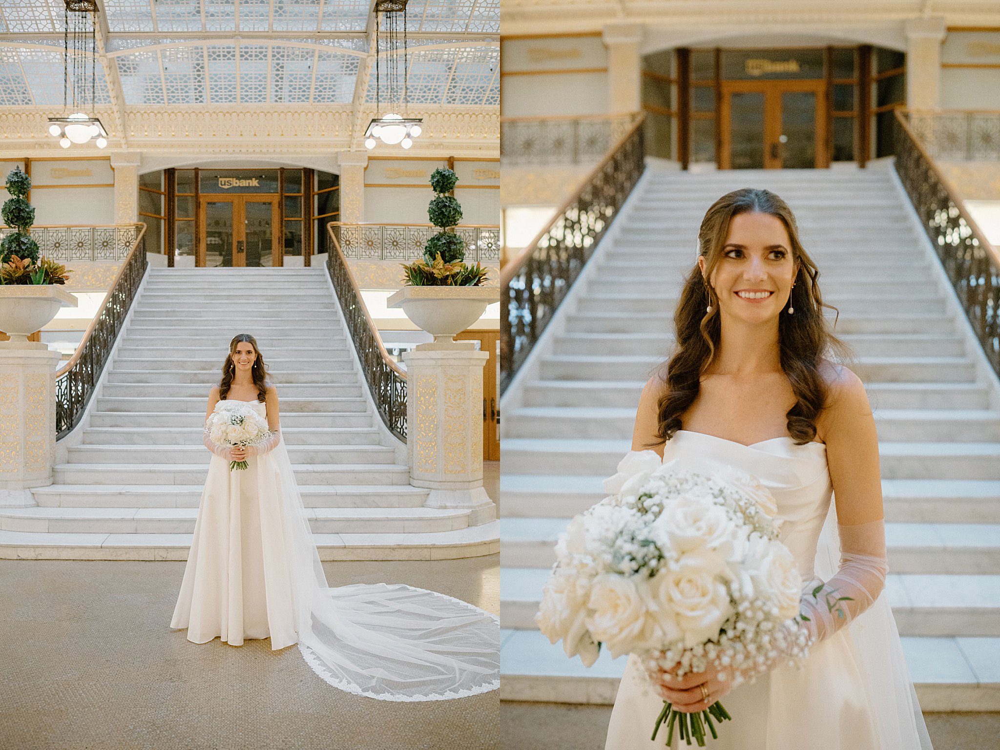bride holds bouquet in front of large staircase by Chicago Wedding Photographer
