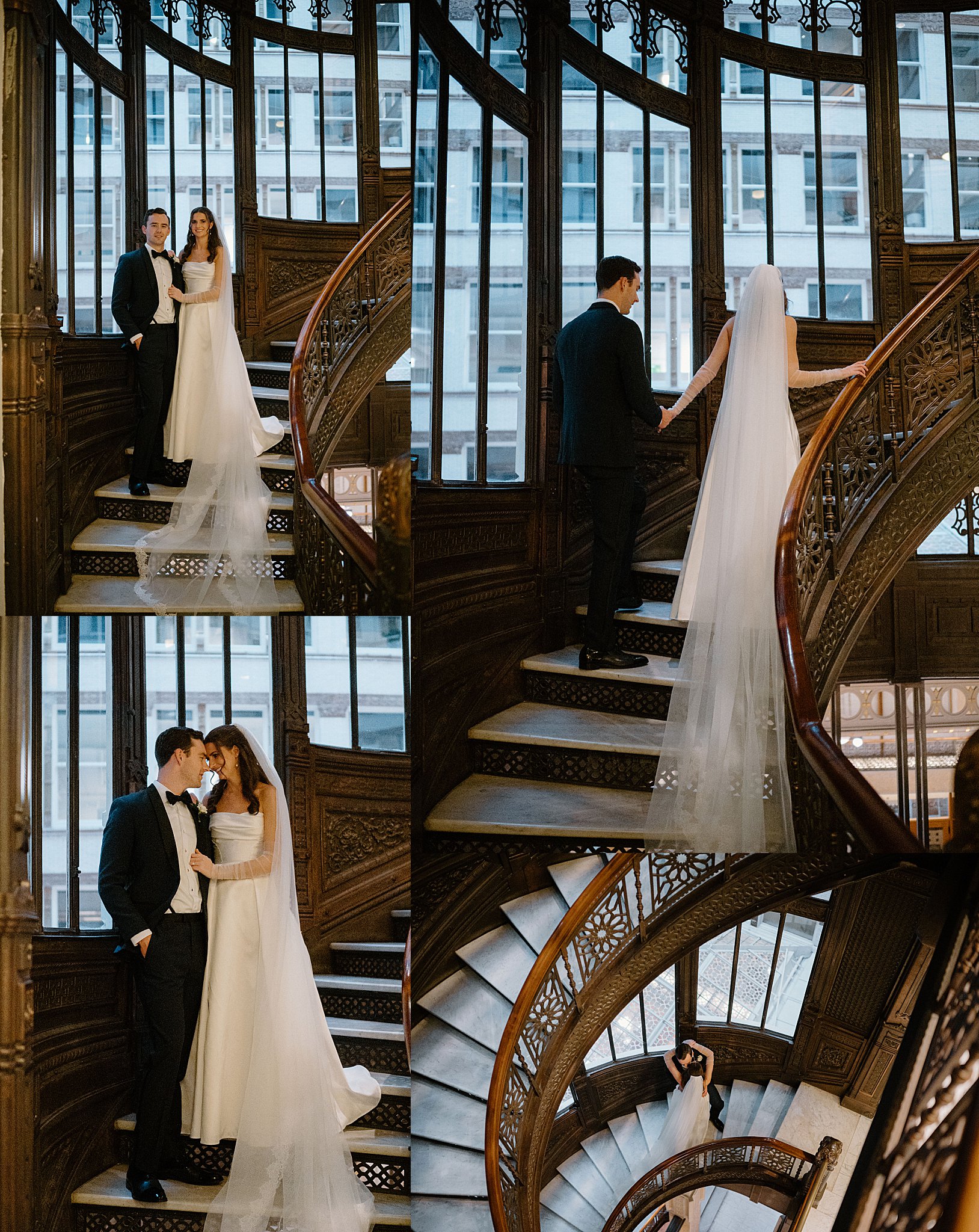 bride and groom kiss on dark spiral staircase by Chicago Wedding Photographer