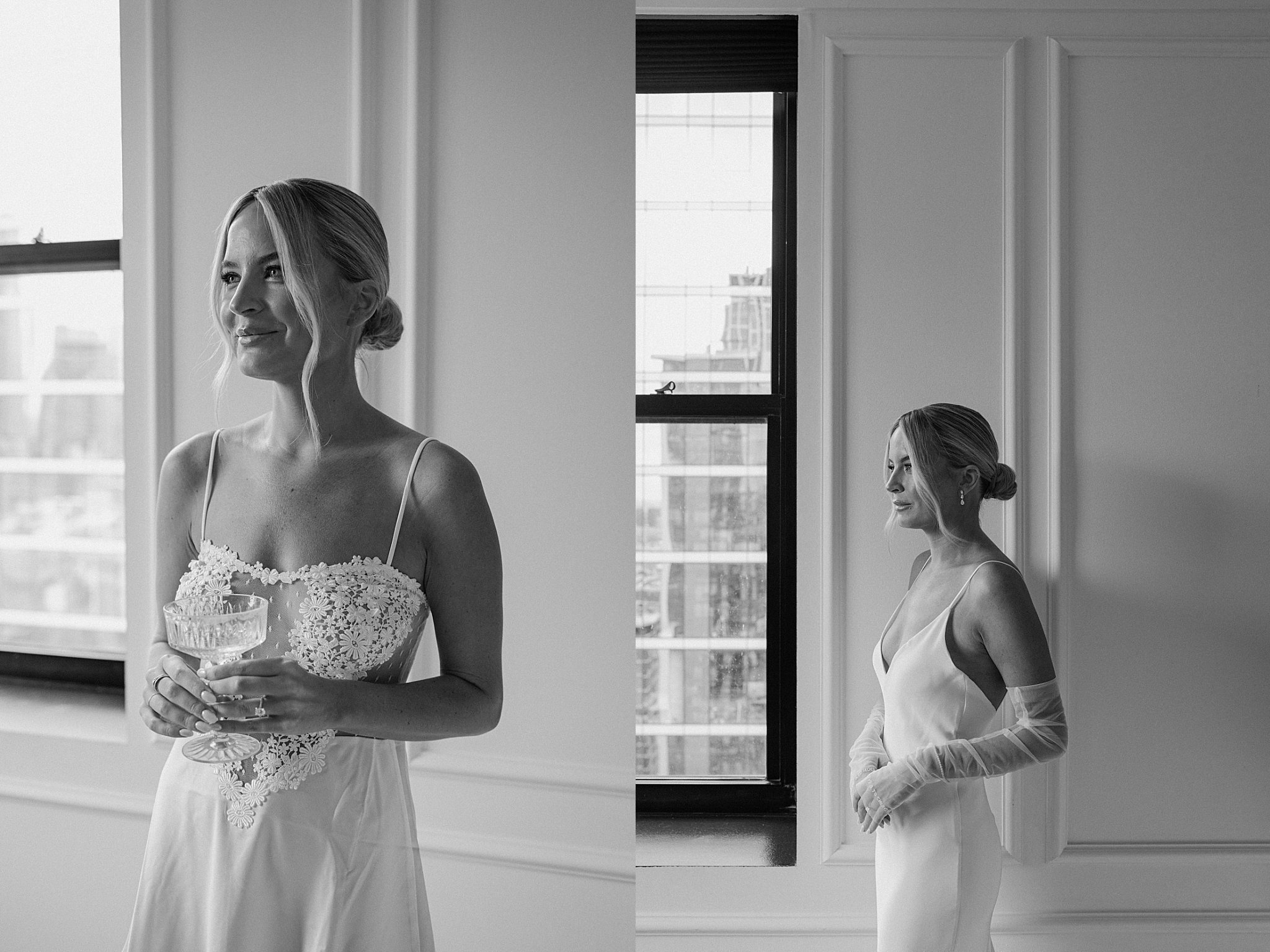 bride looks out window as she gets ready by Chicago photographer