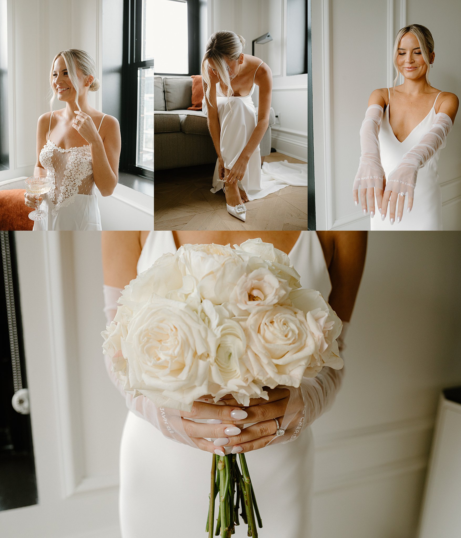 bride gets ready for her ceremony and holds her bouquet by Indigo Lace Collective
