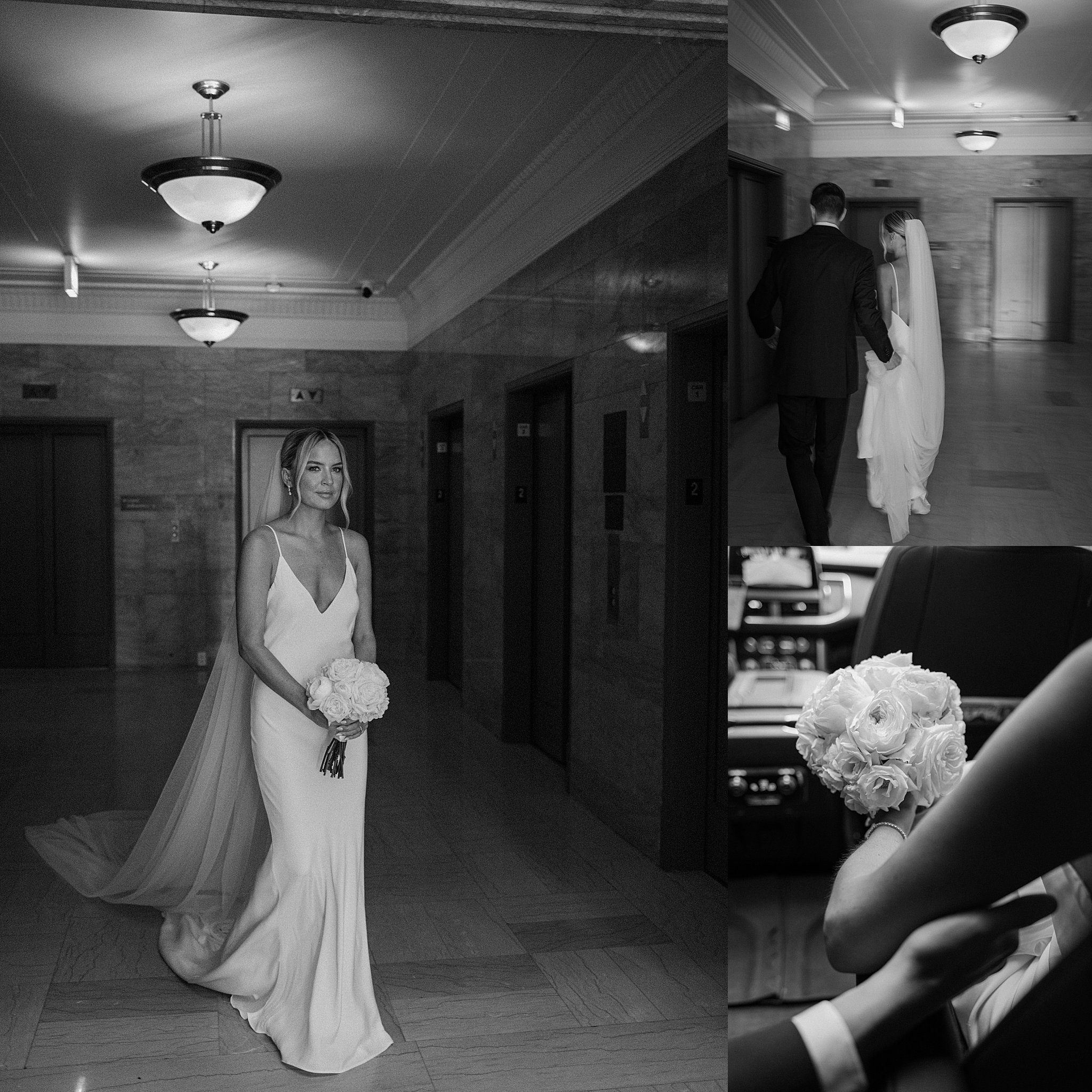 couple walks through building as man holds train of woman's dress by Chicago photographer