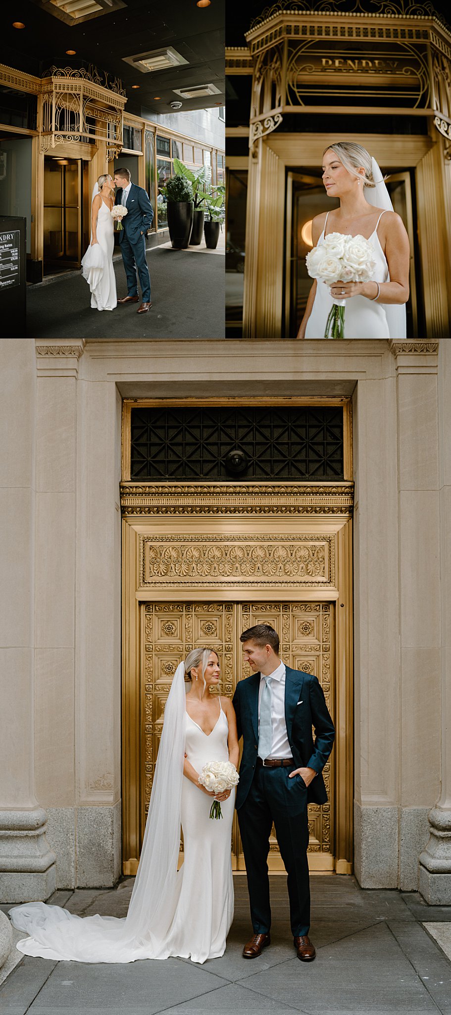 couple stands looking at each other in front of ornate gold door by Indigo Lace Collective
