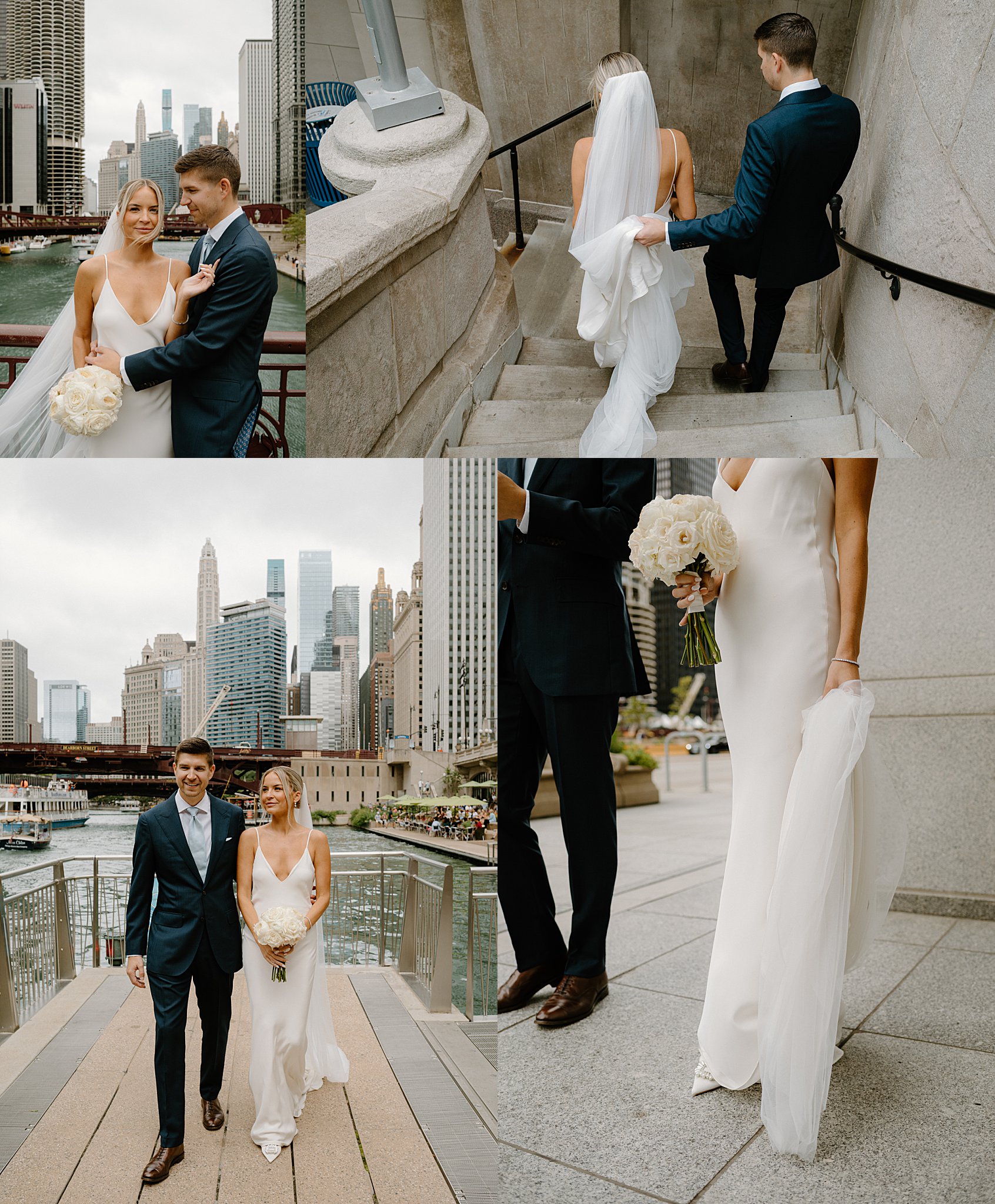 bride and groom walk down to the Chicago River before Intimate Mia Francesca Wedding