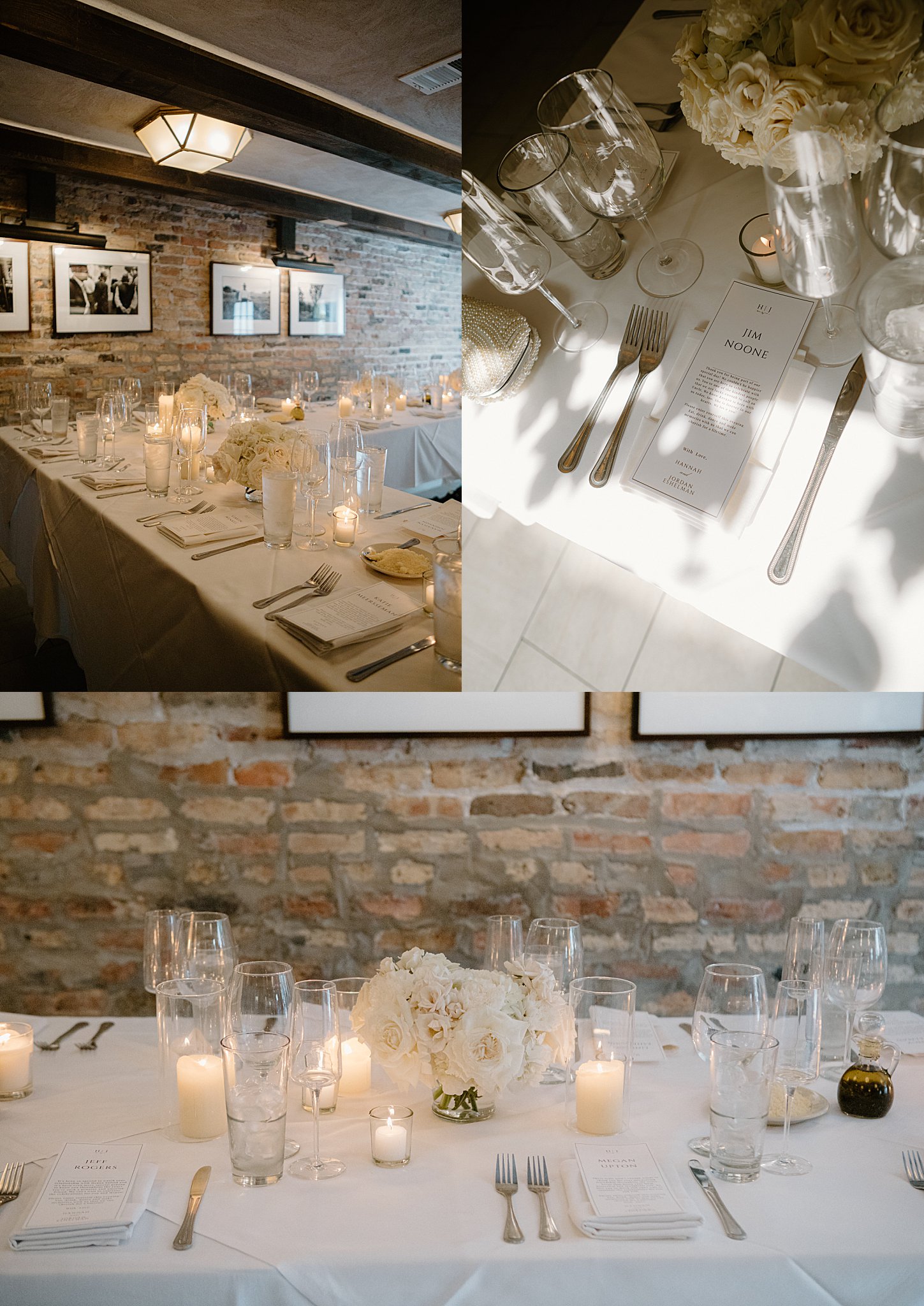 reception tables adorned with white florals, white candles, and menus by Chicago photographer