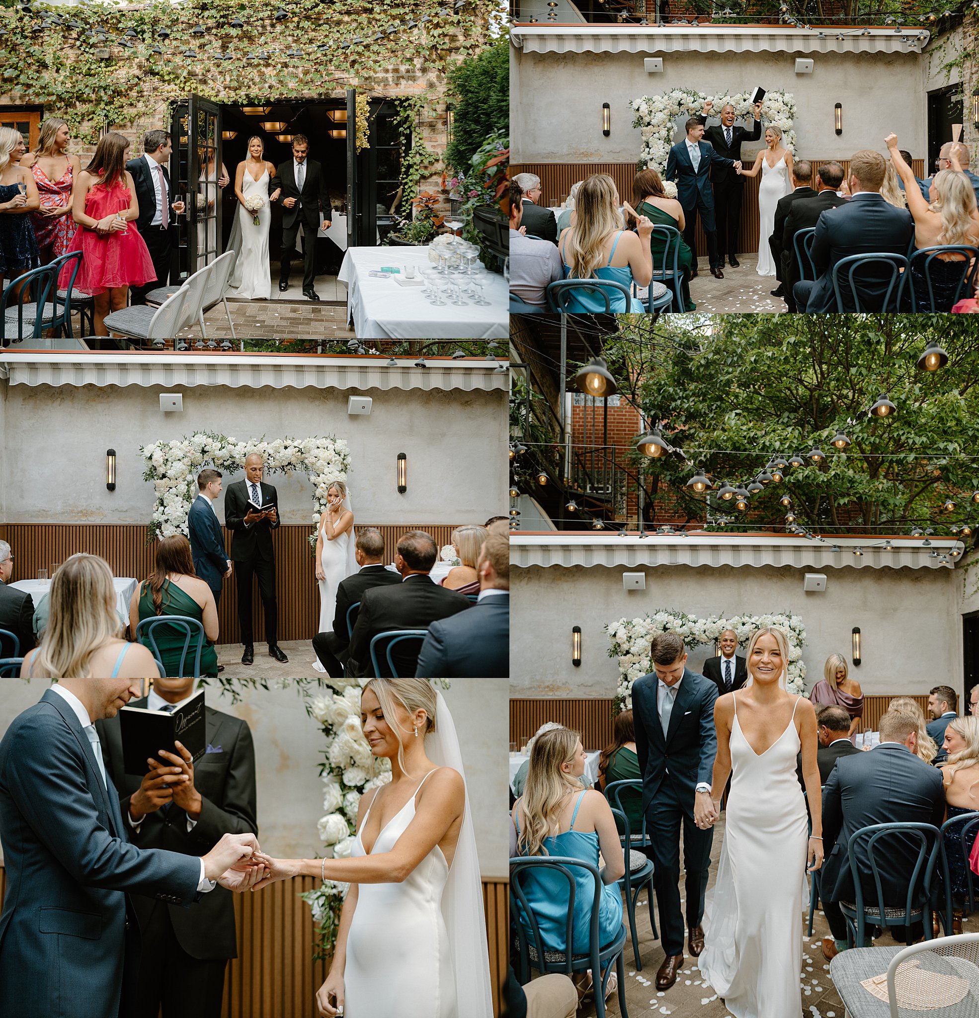 bride and groom exchange vows on patio at their Intimate Mia Francesca Wedding