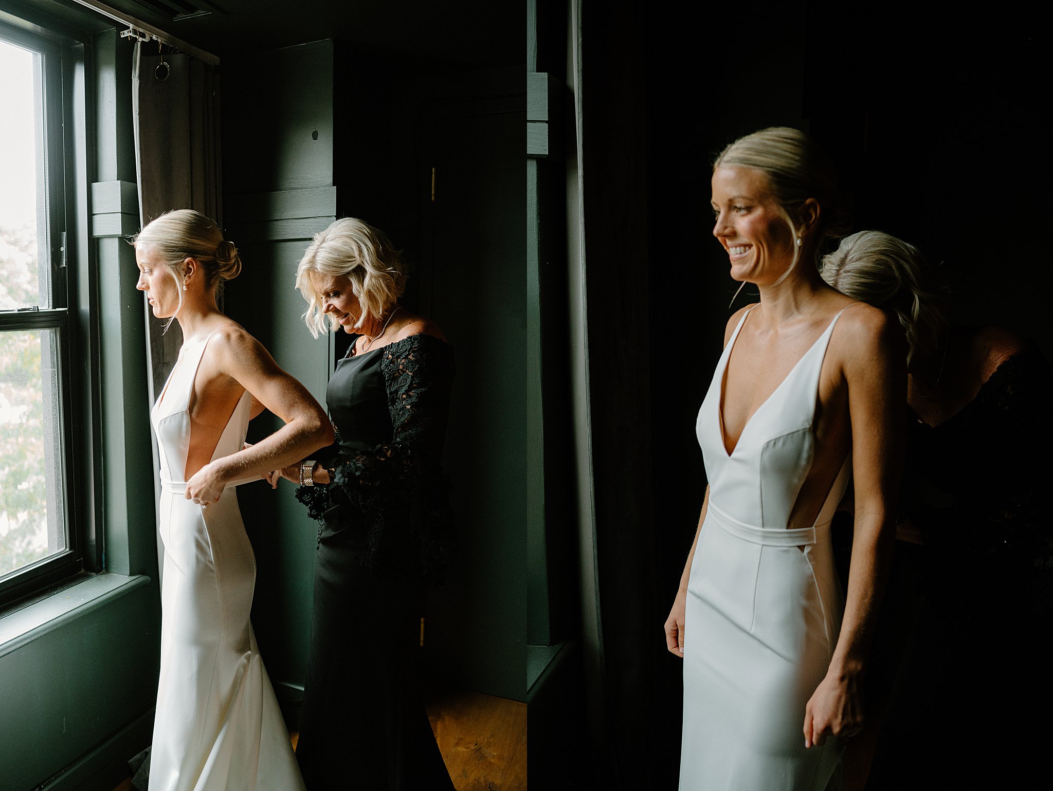 mother helps bride into her dress by Chicago wedding photographer