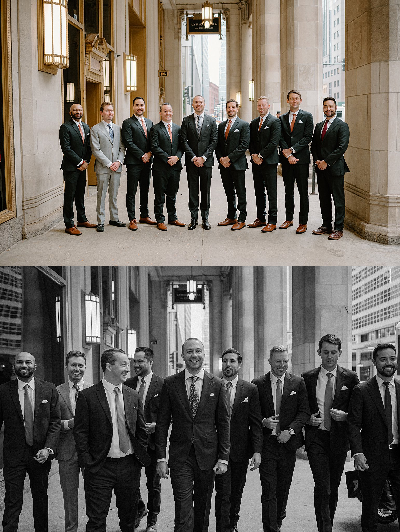groomsmen stand outside Civic Opera Building before Cafe Brauer ceremony