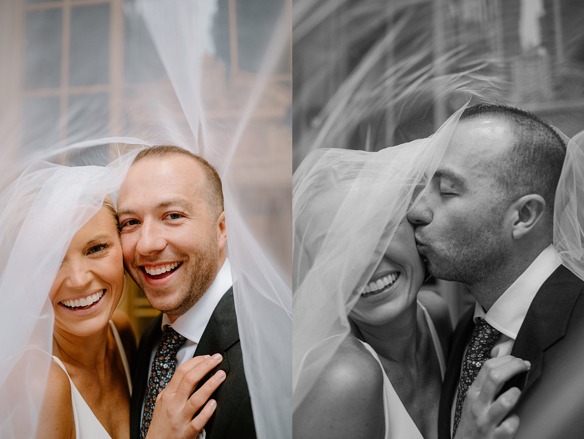 groom joins bride under her veil and kisses her cheek by Chicago wedding photographer