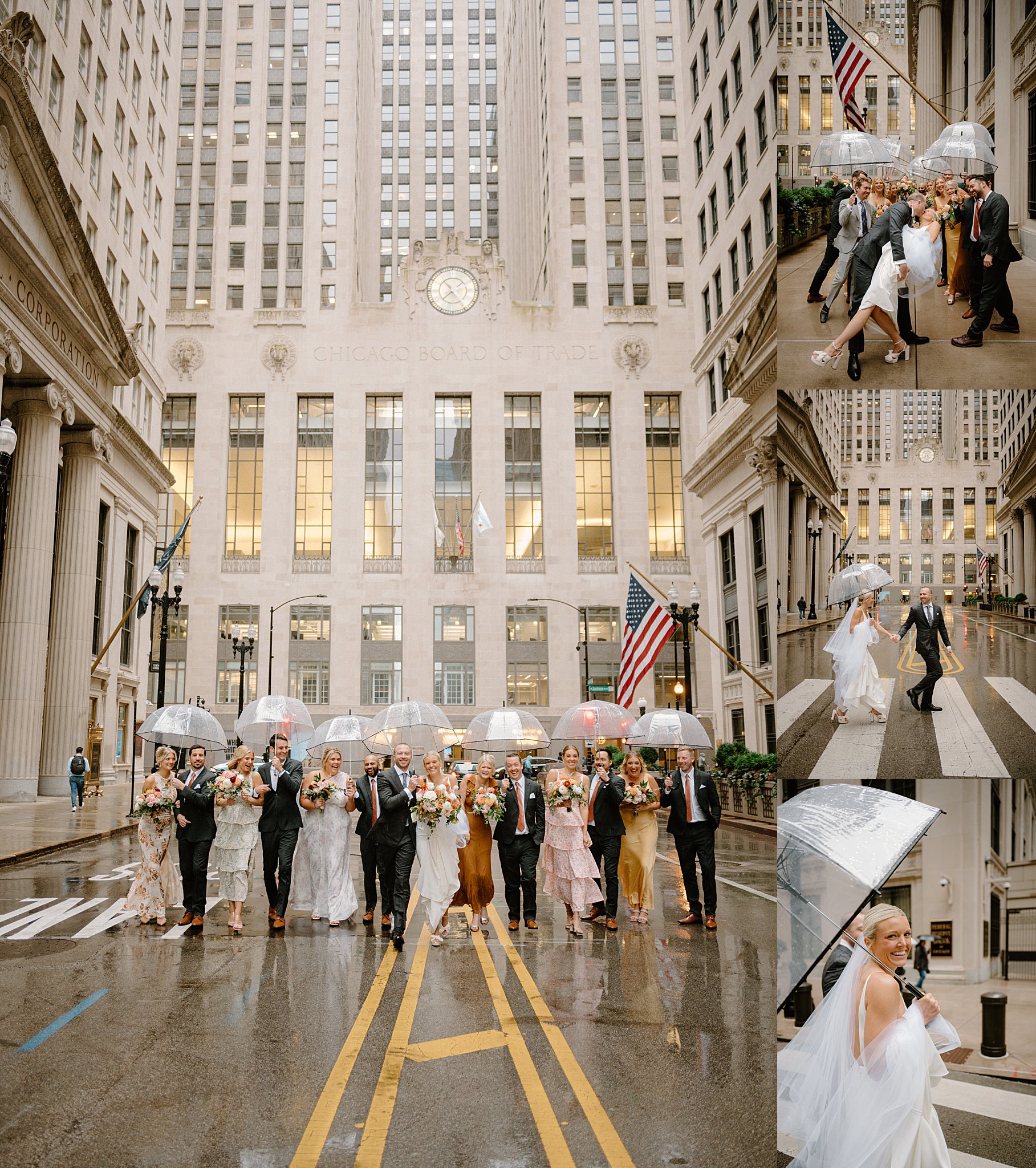 wedding party carries umbrellas as they walk in street by Indigo Lace Collective