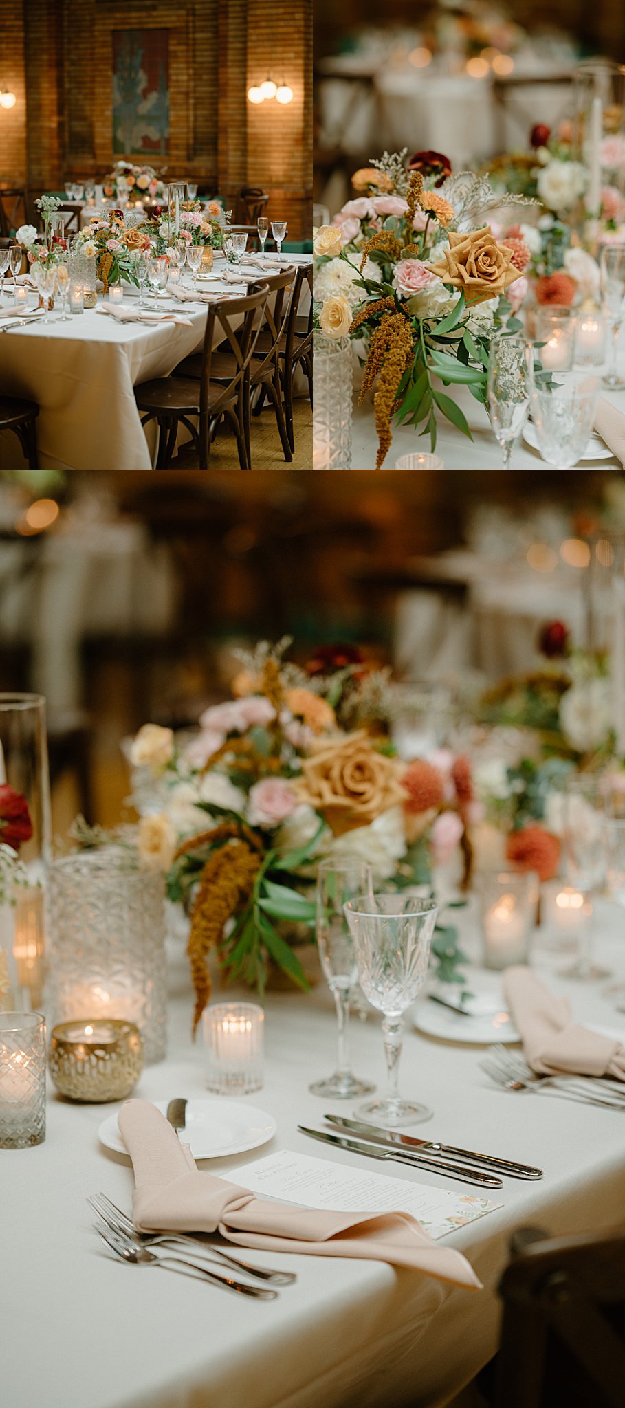 reception tables decorated with florals and crystal drinkware by Chicago wedding photographer