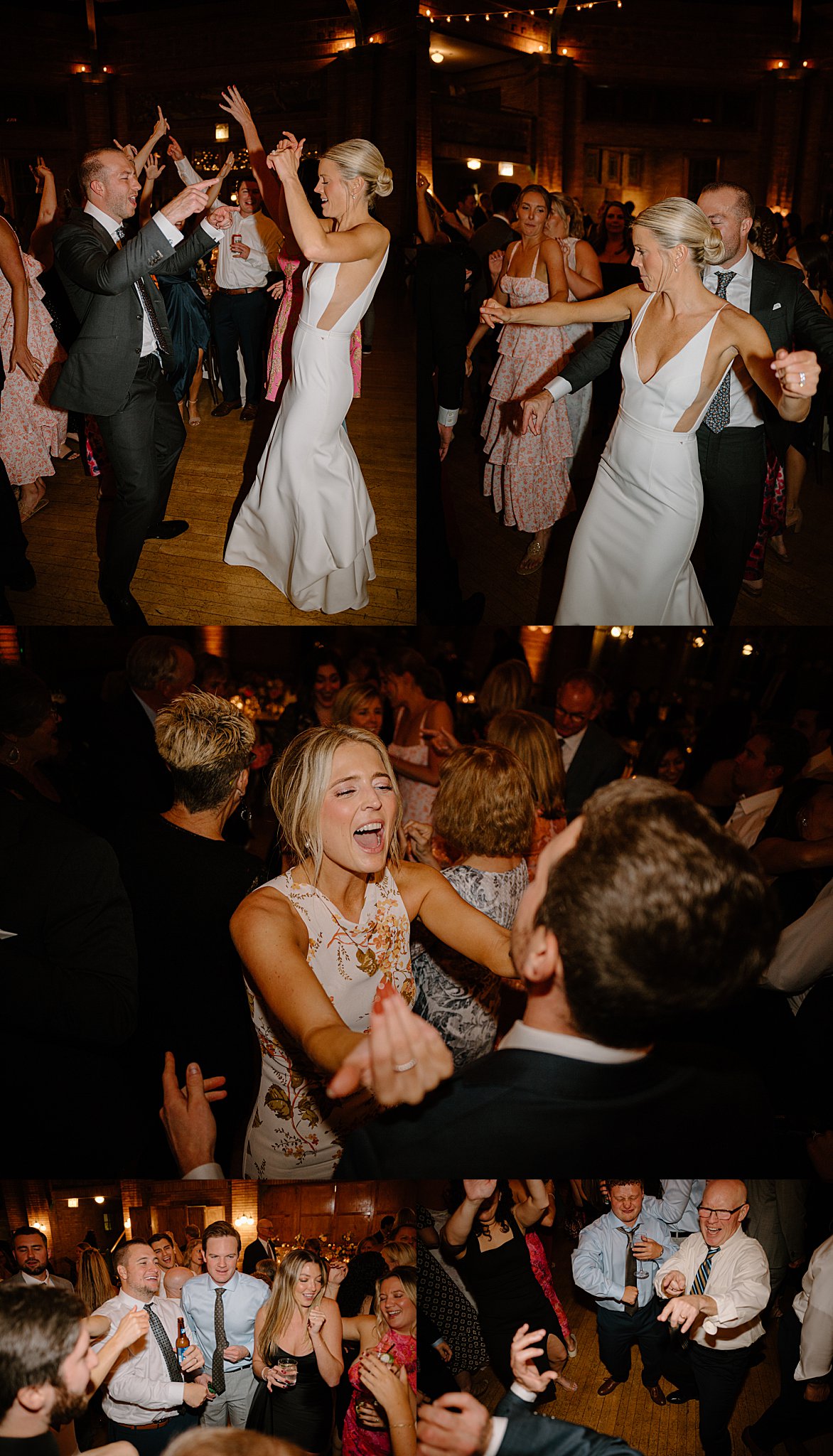 newlyweds and guests dance the night away by Chicago wedding photographer