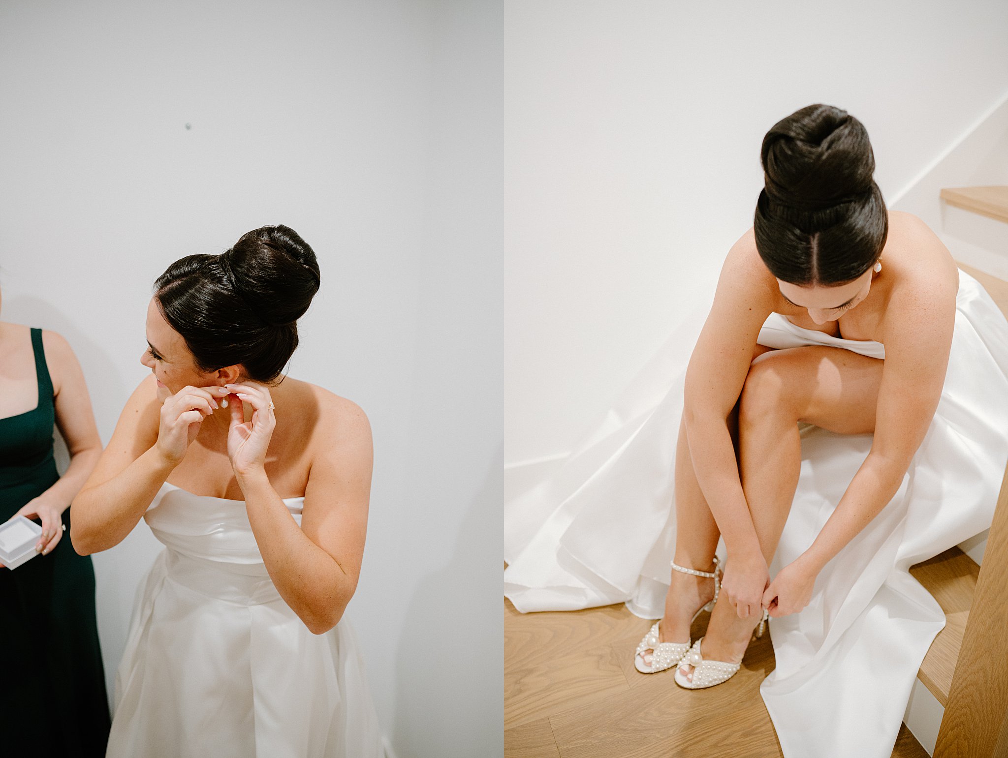 bride puts on earrings and buckles heels by Midwest wedding photographer