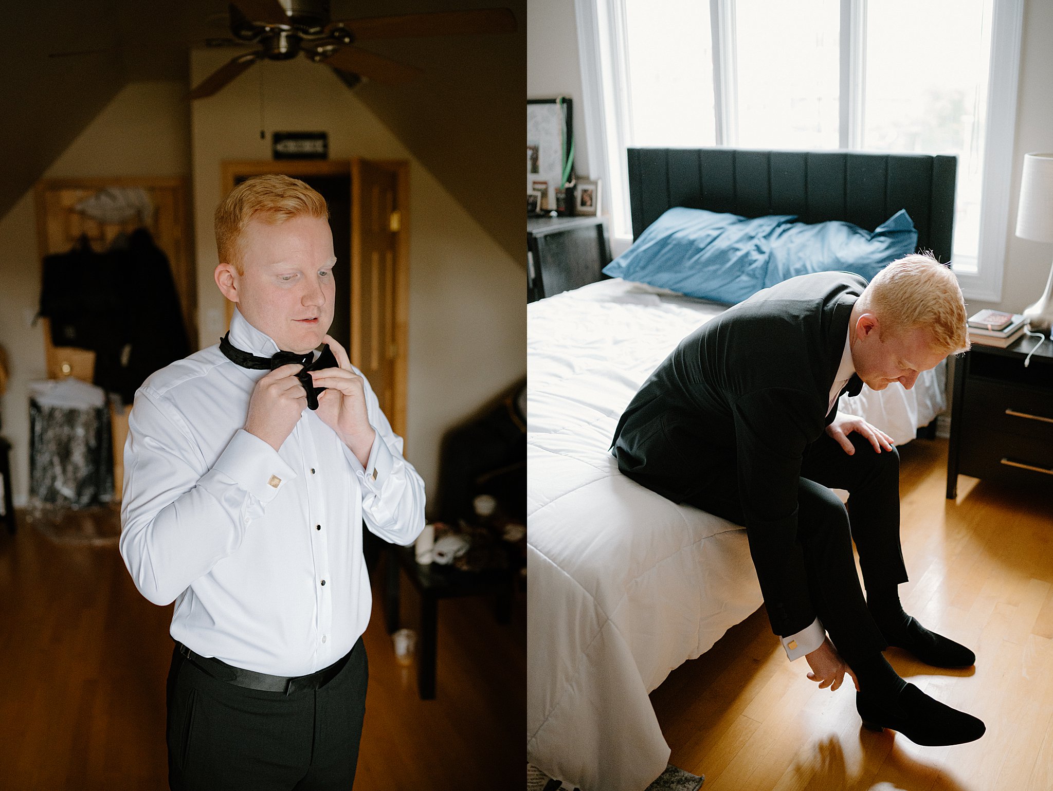 groom fixes tie and puts on shoes by Indigo Lace Collective