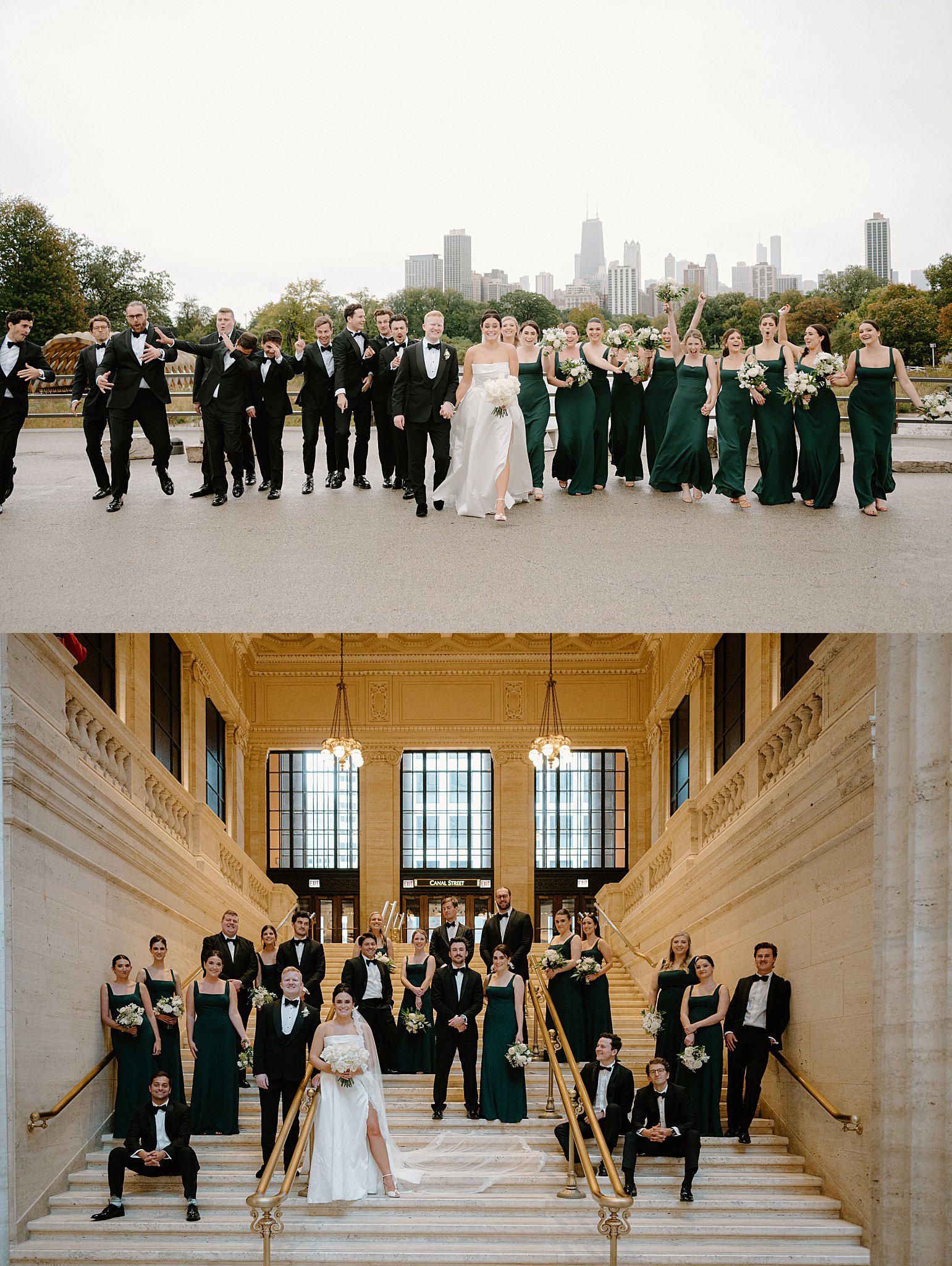 wedding party gathers on stairs in train station by Midwest wedding photographer
