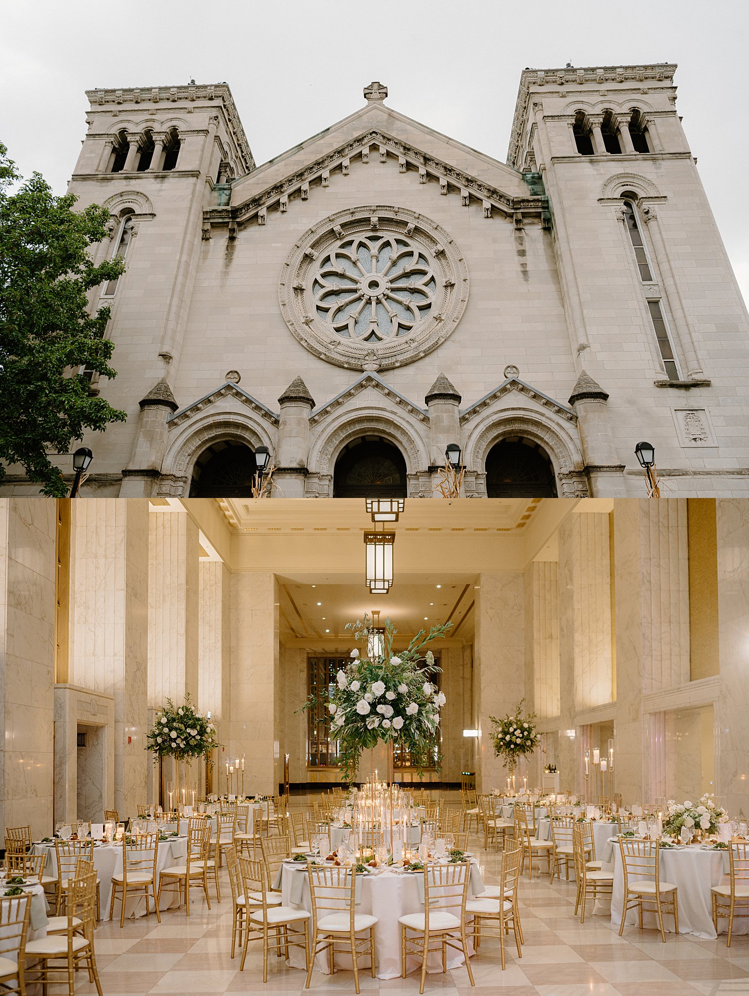 reception hall has tall ceilings and is adorned with large floral arrangements and white and gold accents before downtown Chicago ceremony
