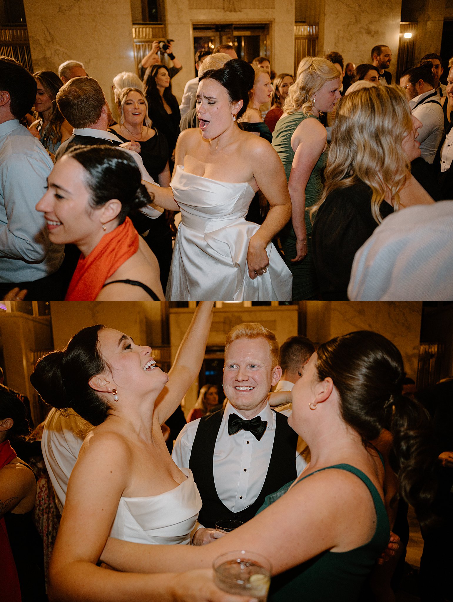 newlyweds dance with guests during the reception by Indigo Lace Collective