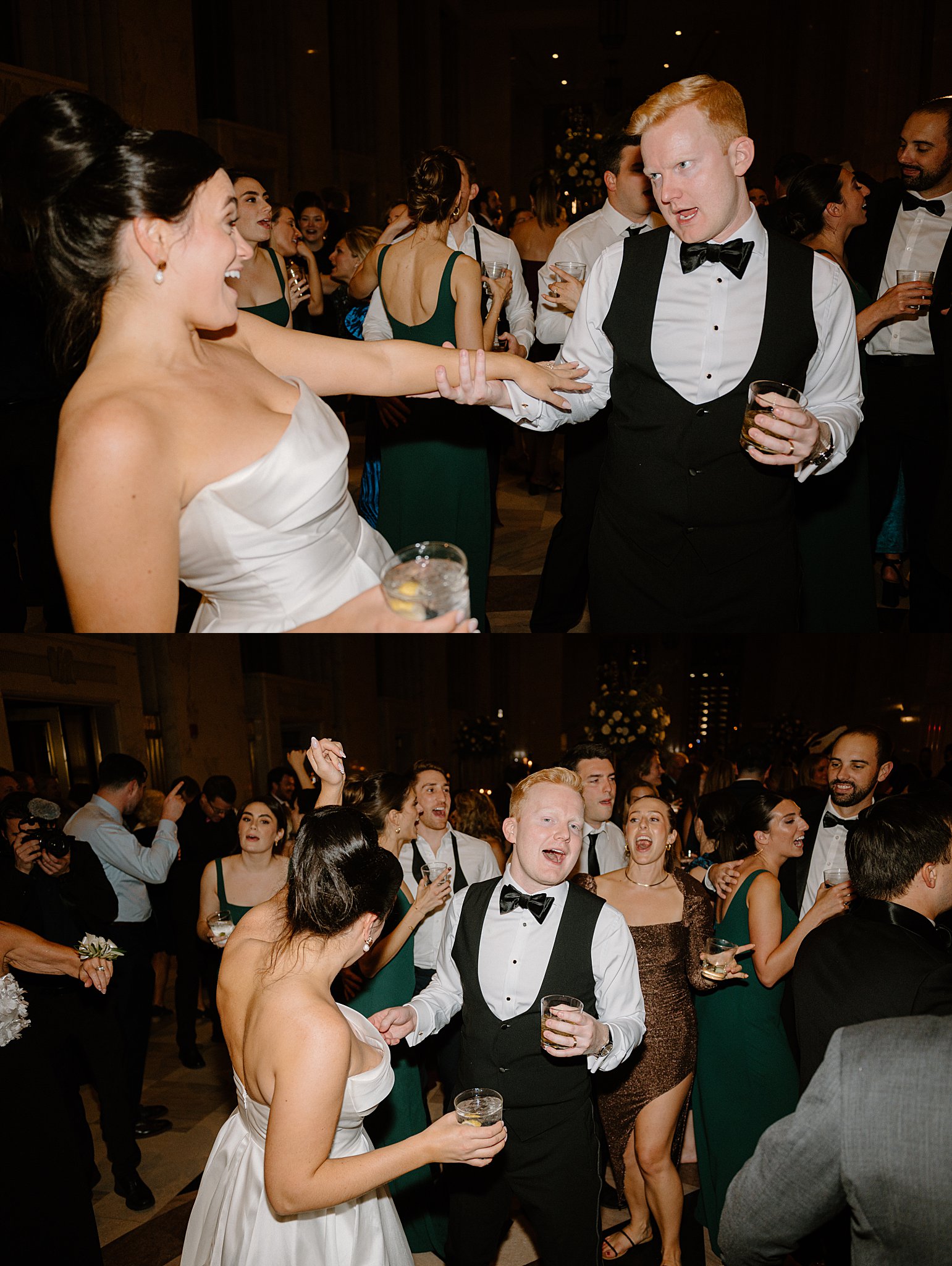 couple dances with guests to celebrate by Midwest wedding photographer