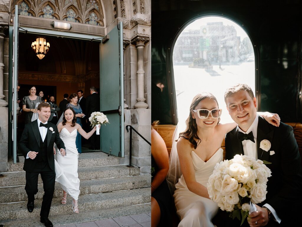 bride and groom leave the church by Chicago Wedding Photographer