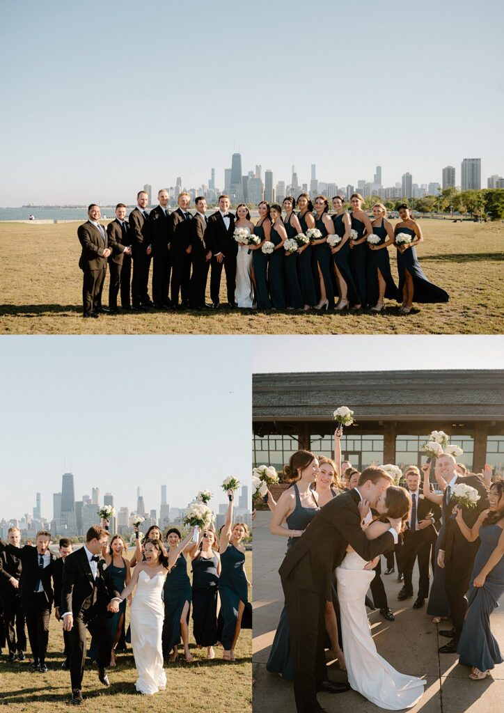 wedding party stands together in front of Chicago skyline at Theater on the Lake