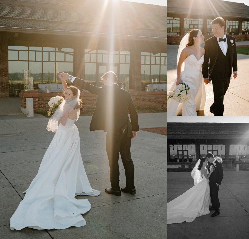 sun shines from behind as bride and groom dance outside by Chicago Wedding Photographer