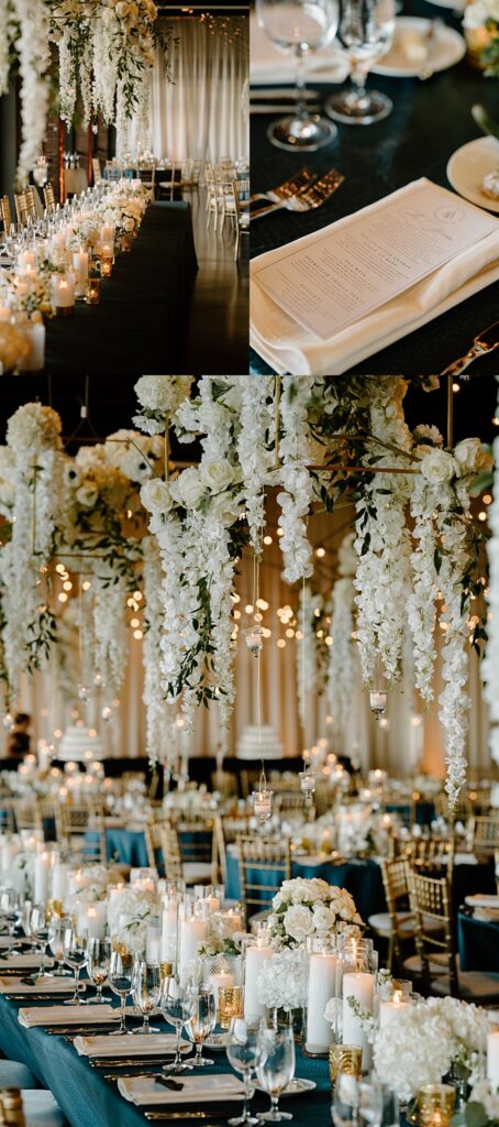 reception tables are covered in white and green florals with lots of candles by Indigo Lace Collective