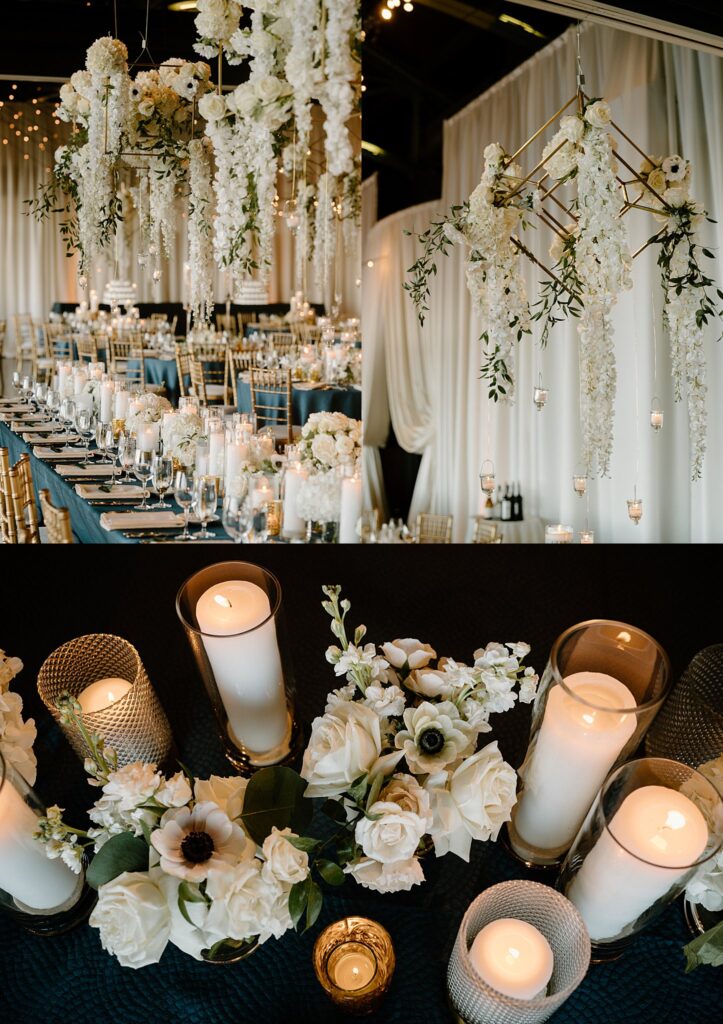 gorgeous white florals hang from the ceiling and sit on tables at Theater on the Lake