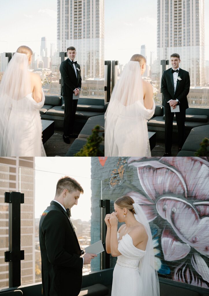 couple has first look on rooftop by Chicago wedding photographer