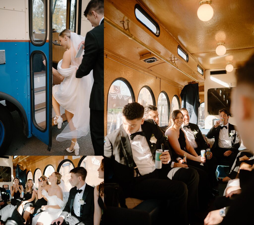 wedding party gathers on trolly to head to ceremony by Indigo Lace Collective