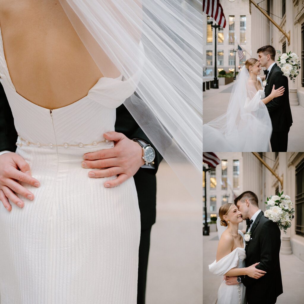 groom kisses bride on sidewalk by Chicago wedding photographer