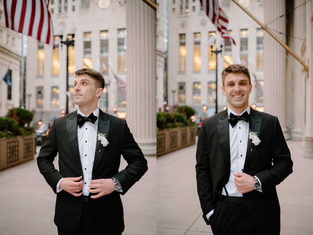 groom adjusts suit coat by Chicago wedding photographer