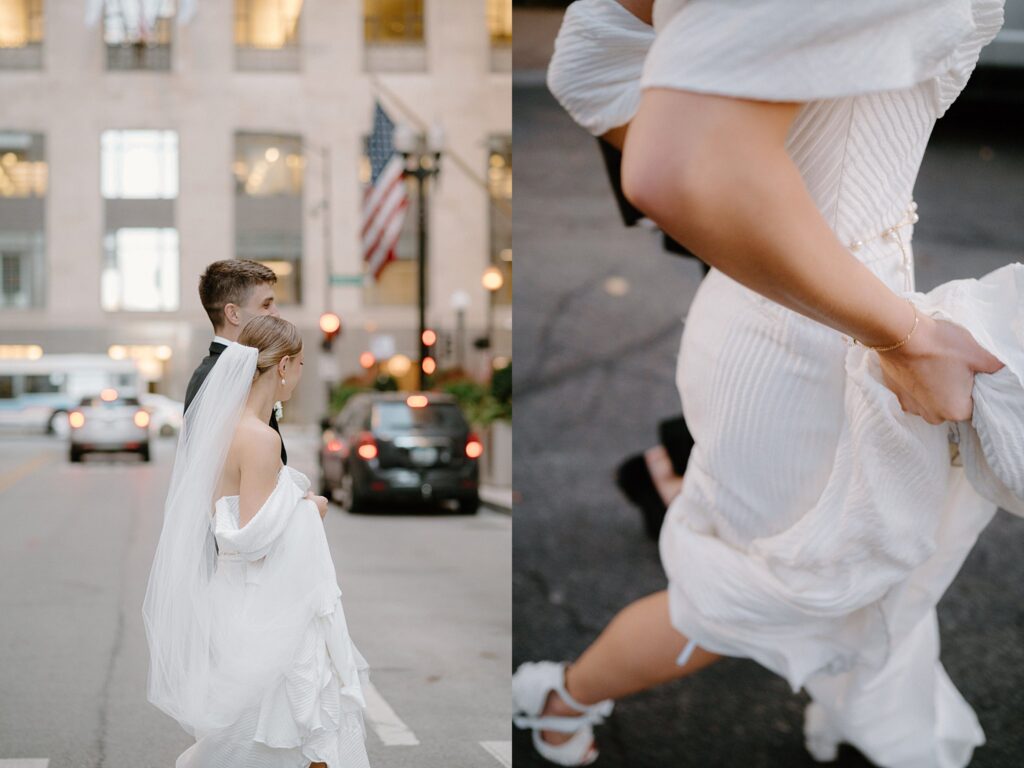 bride and groom cross street in the city by Chicago wedding photographer