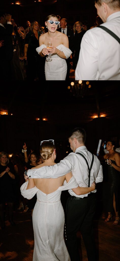 bride and groom dance with guests by Chicago wedding photographer