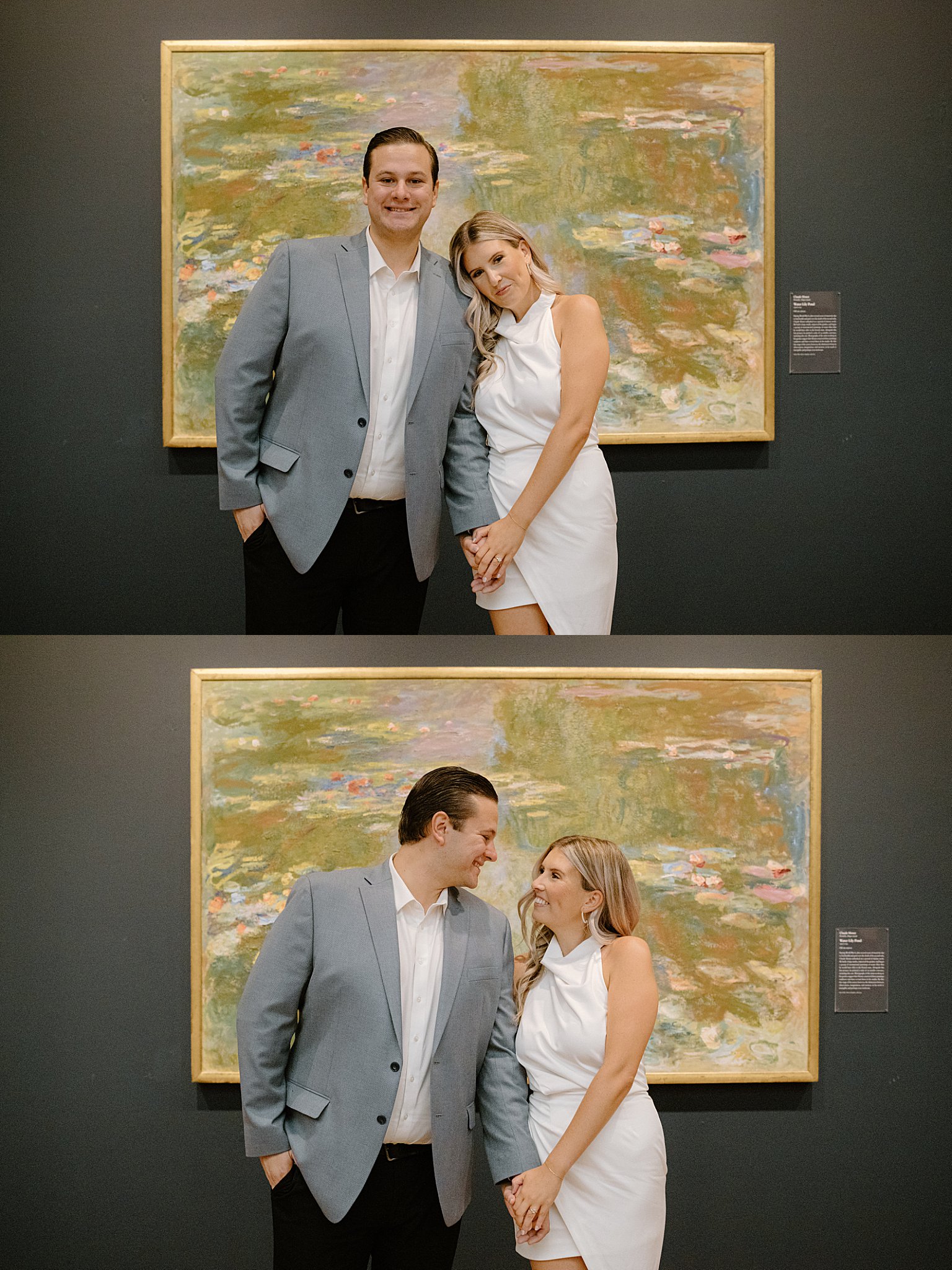 couple hold hands in front of impressionist art at Chic Art Institute Engagement Session