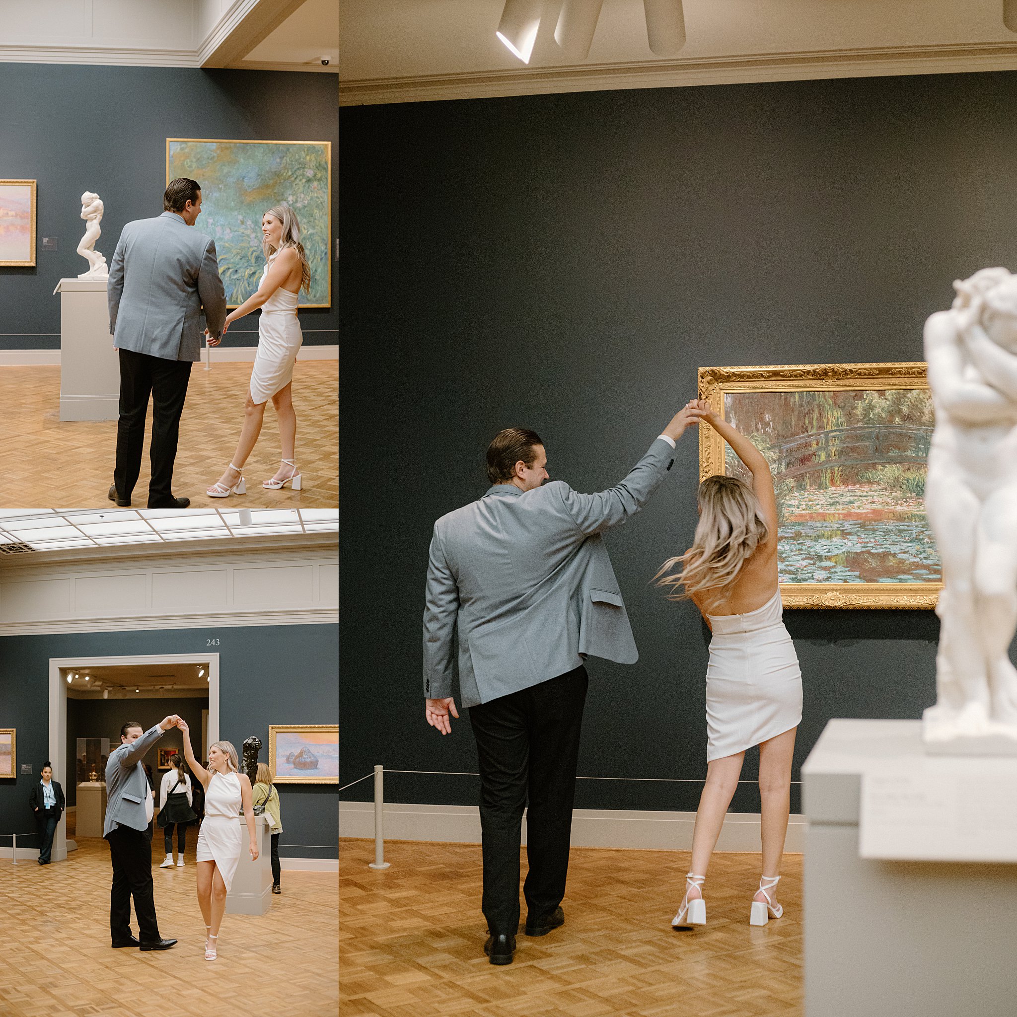 couple dances in front of painting at Chic Art Institute Engagement Session