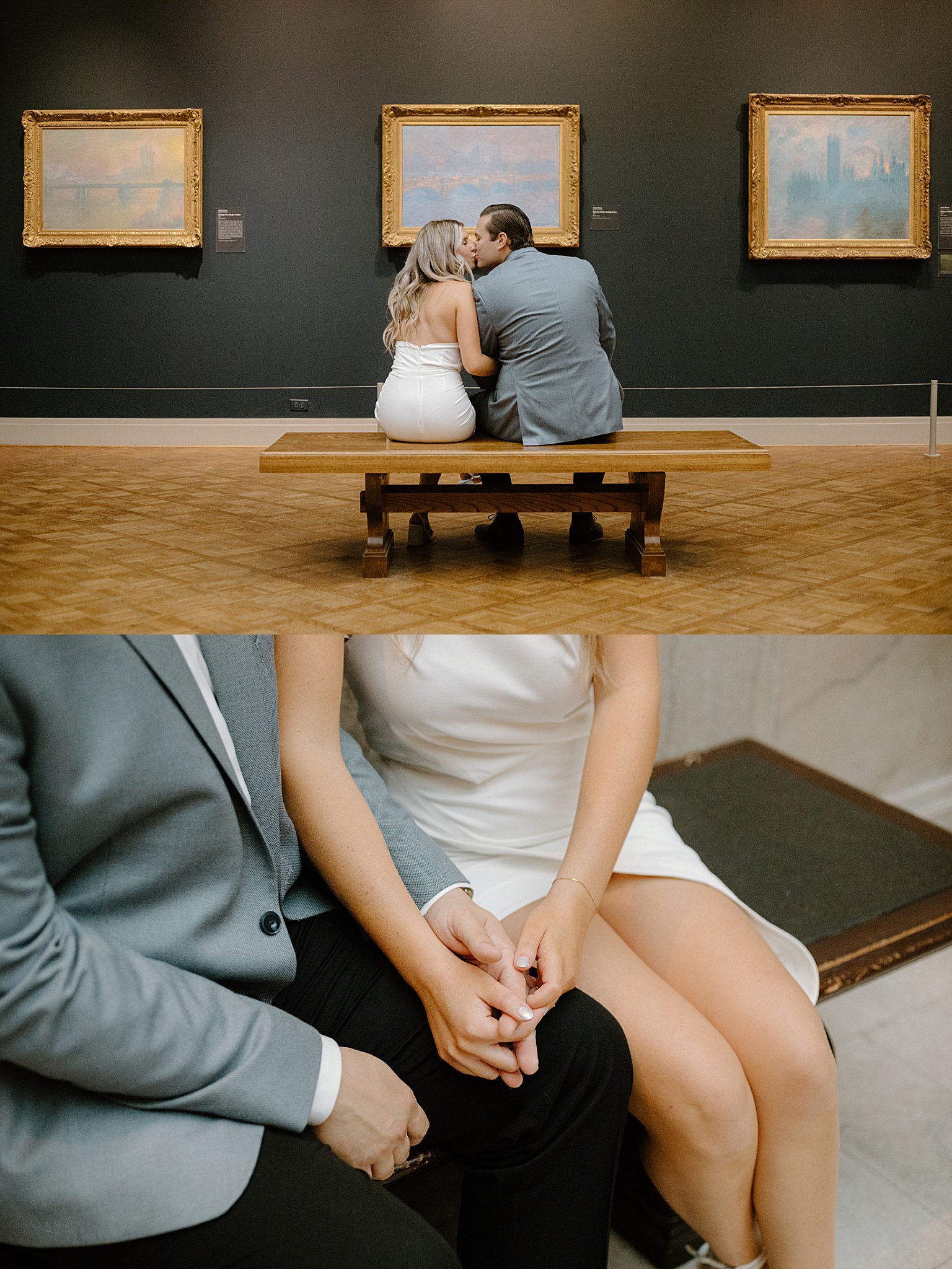 man and woman sit on bench and kiss by Chicago Wedding Photographer