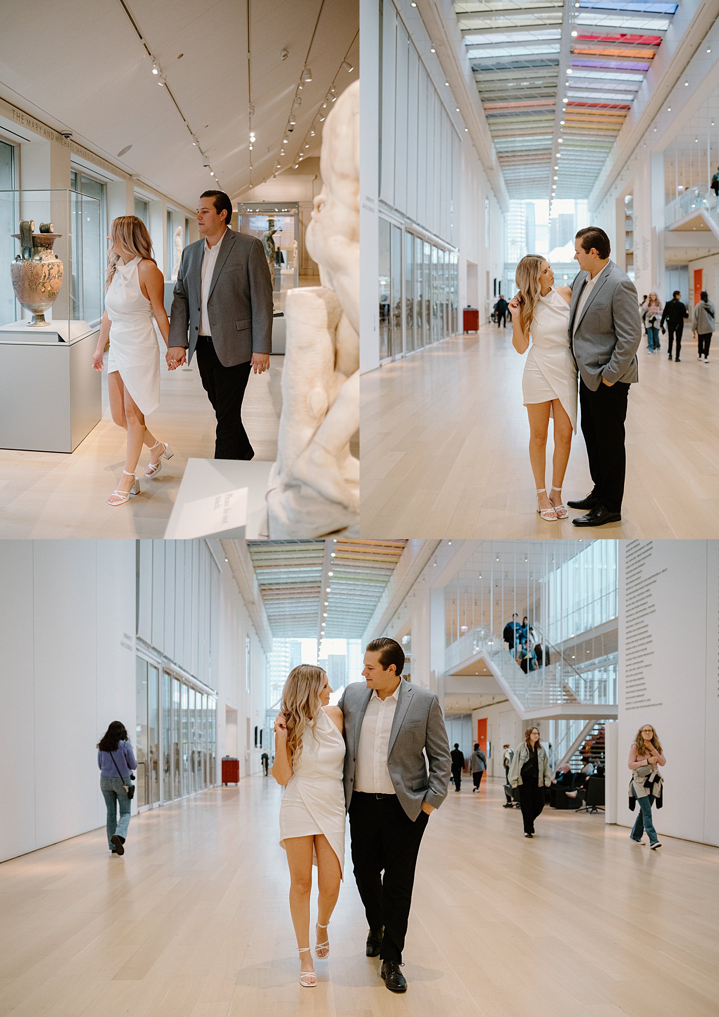 couple walks in bright white building with arms around each other by Chic Art Institute Engagement Session