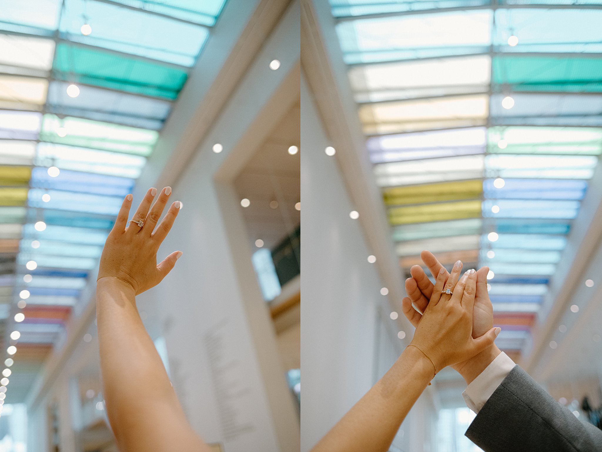 engagement rings shown off in front of colored glass by Chicago Wedding Photographer