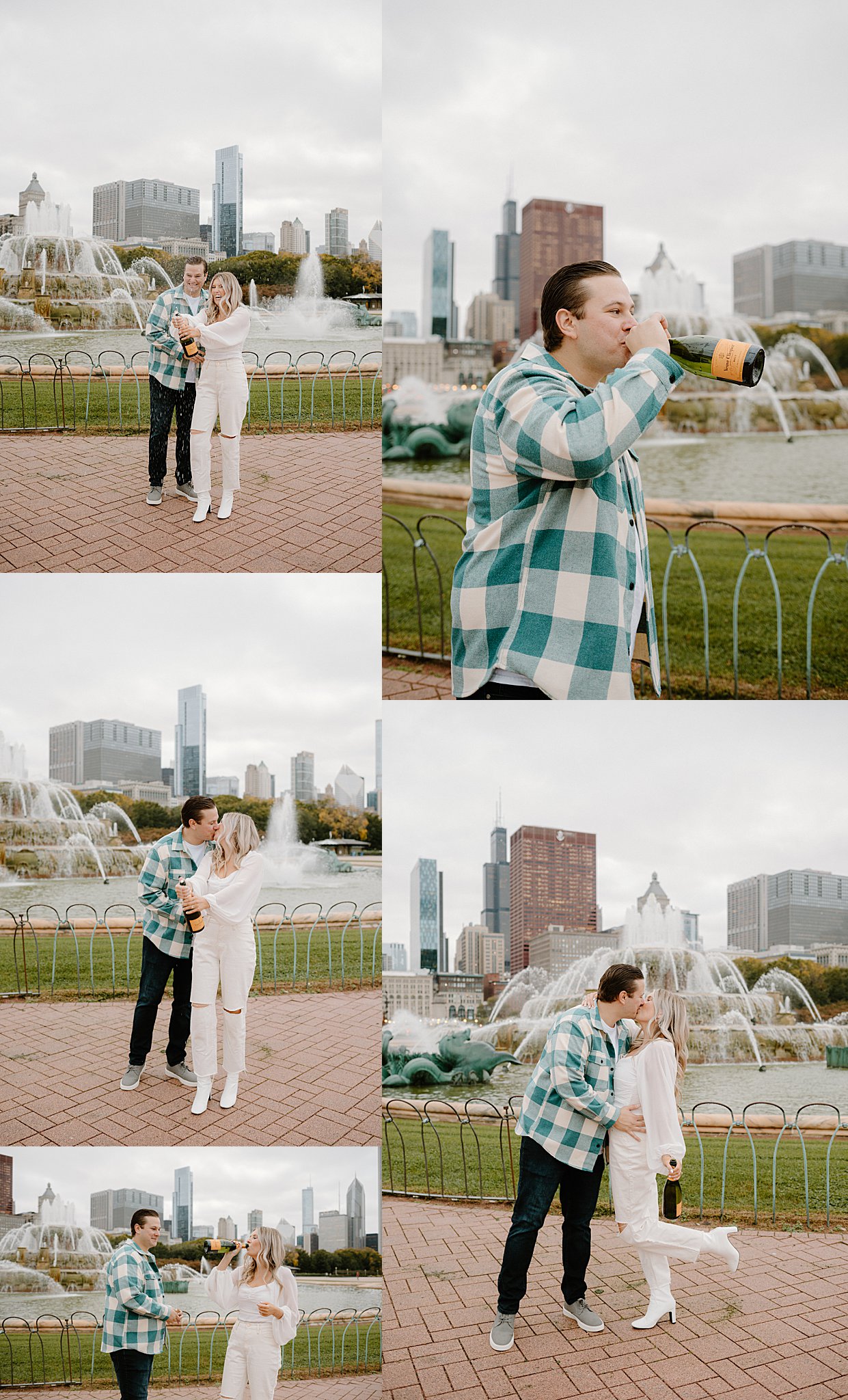 couple sprays champagne in front of fountain during Chic Art Institute Engagement Session