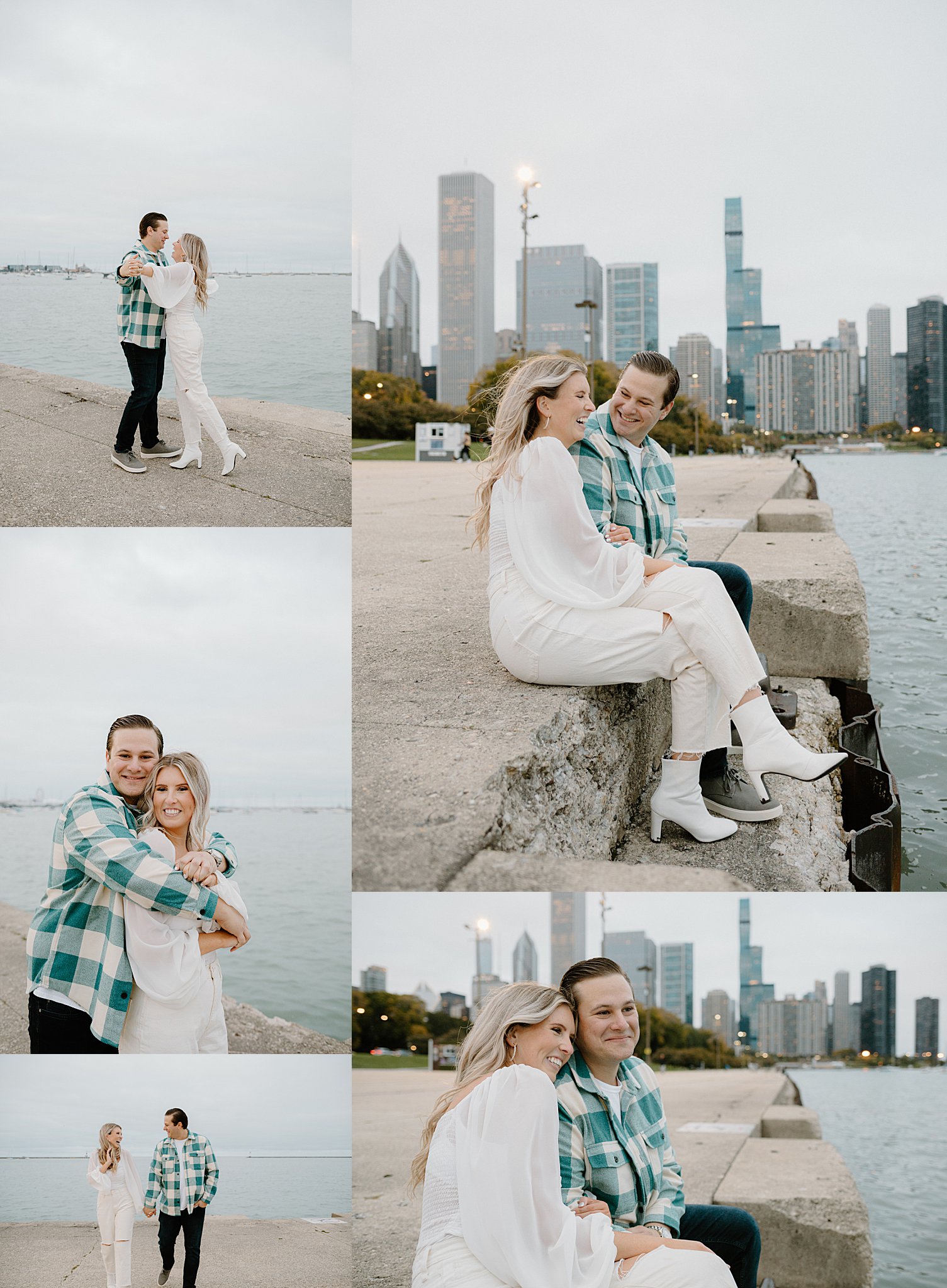 couple sits together along Chicago riverfront during Chic Art Institute Engagement Session